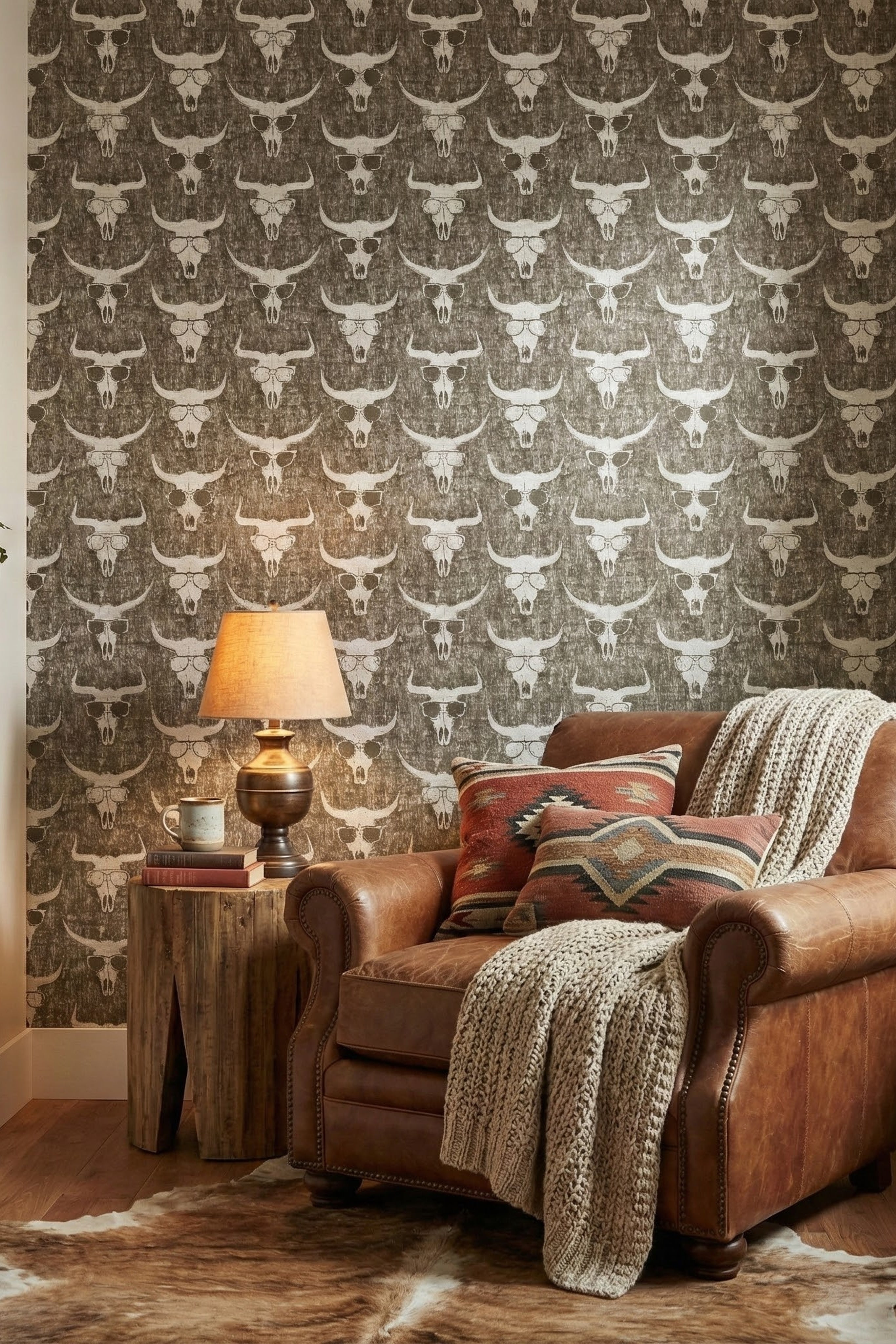 Longhorn skulls in sunglasses on a funky green Western wallpaper in a reading corner.