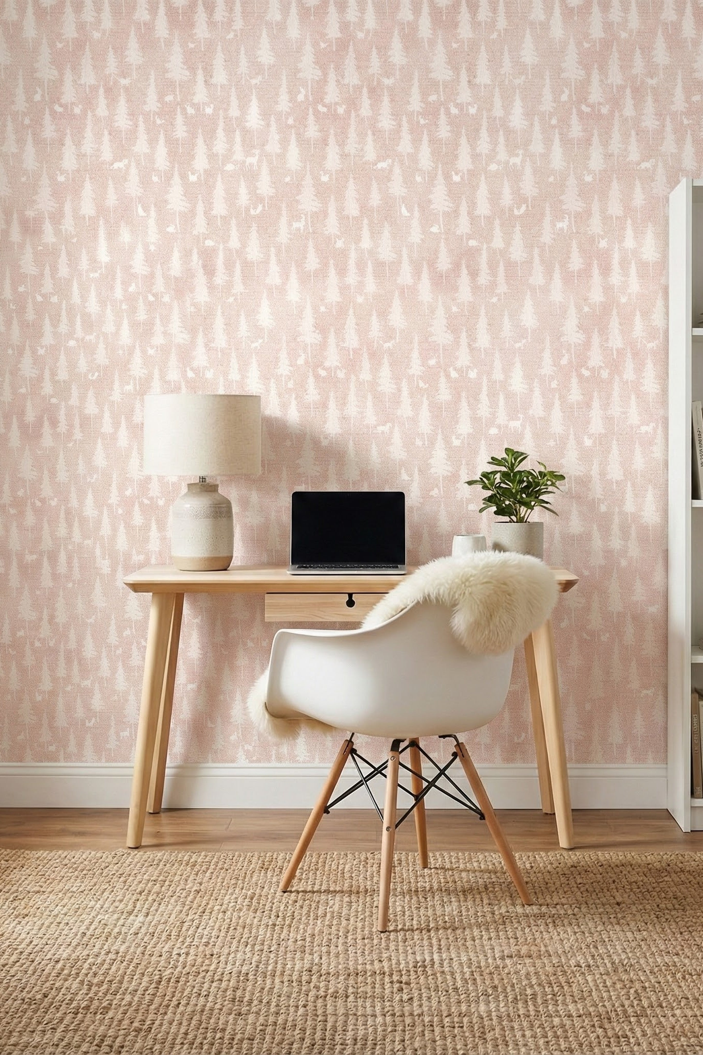 Blush trees with foxes and rabbits on light woodland wallpaper in a home office.