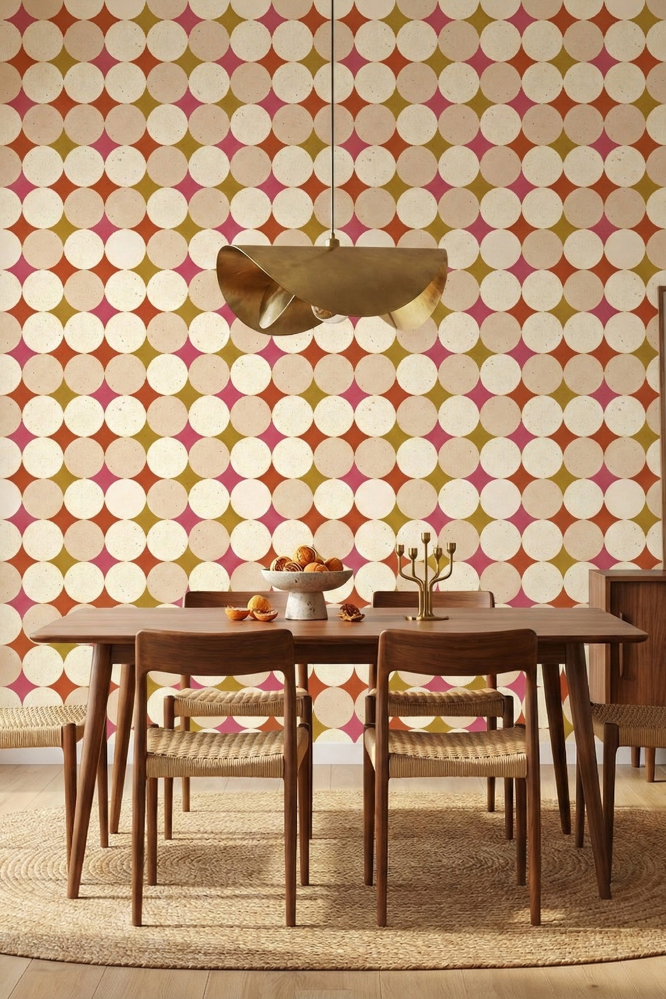 Mustard, terracotta and raspberry circles on cream wallpaper in a dining room.