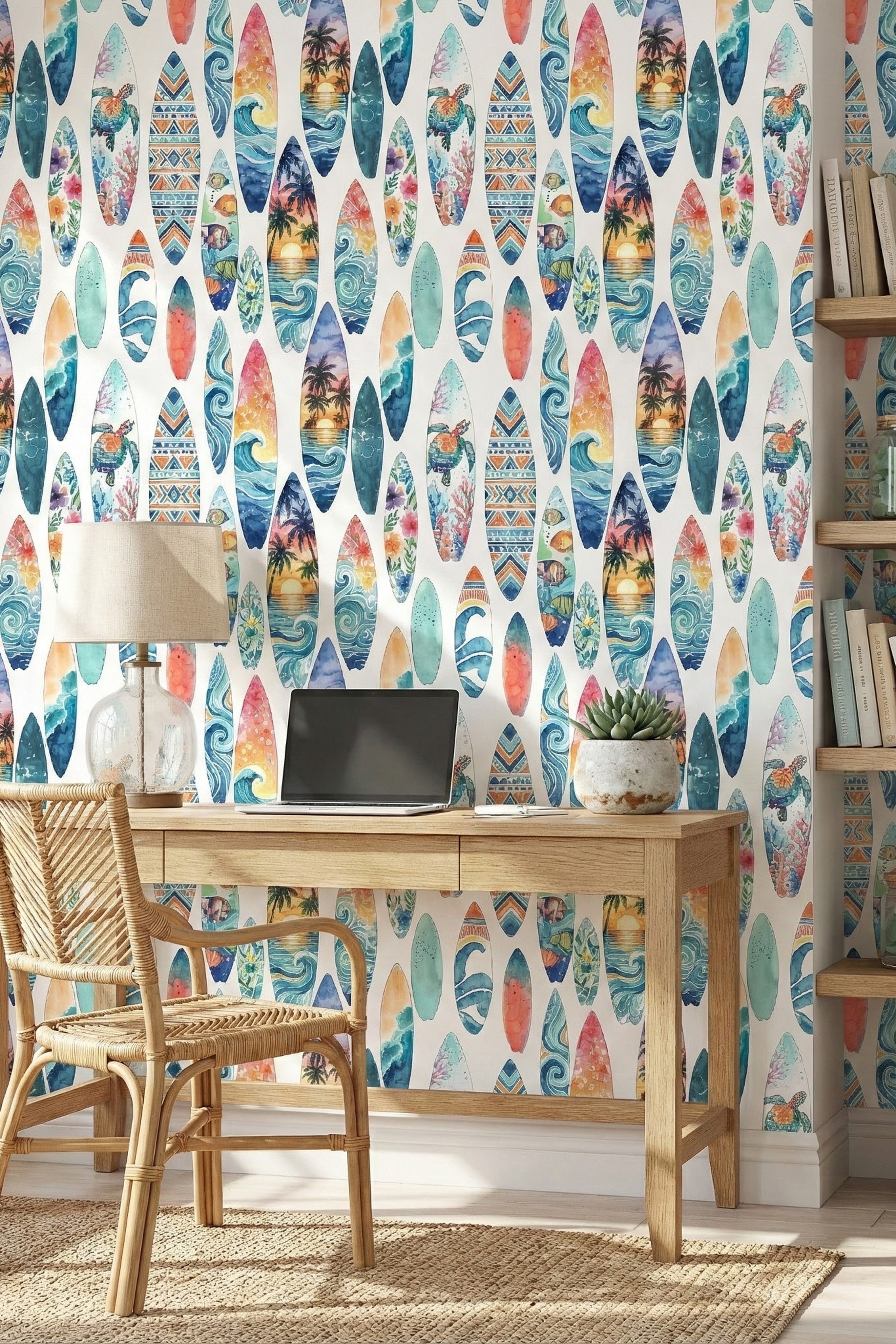Watercolor surfboards in coastal blues and coral on light wallpaper in a home office.