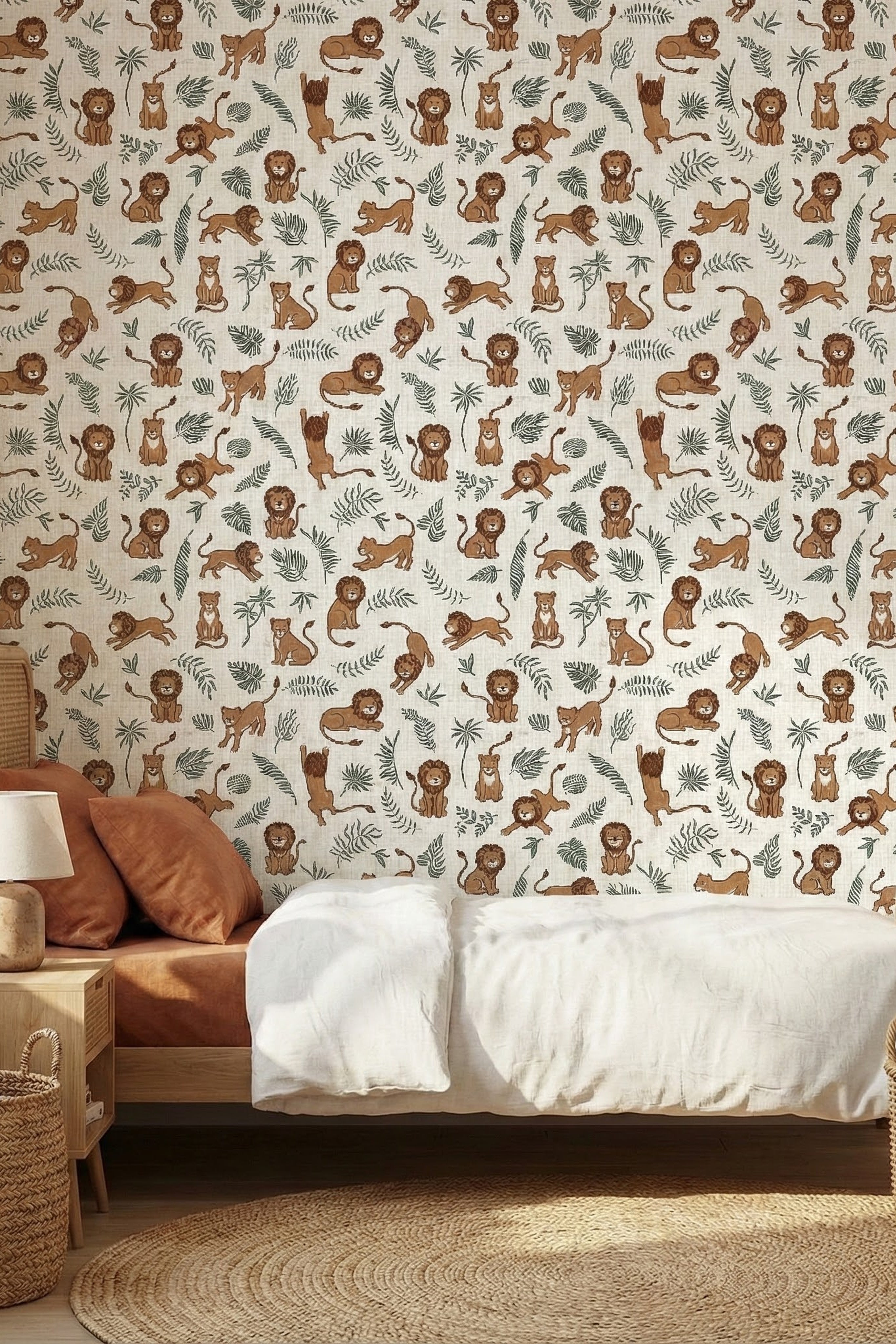 Smiling lions among greenery on an earthy safari wallpaper in a bedroom.