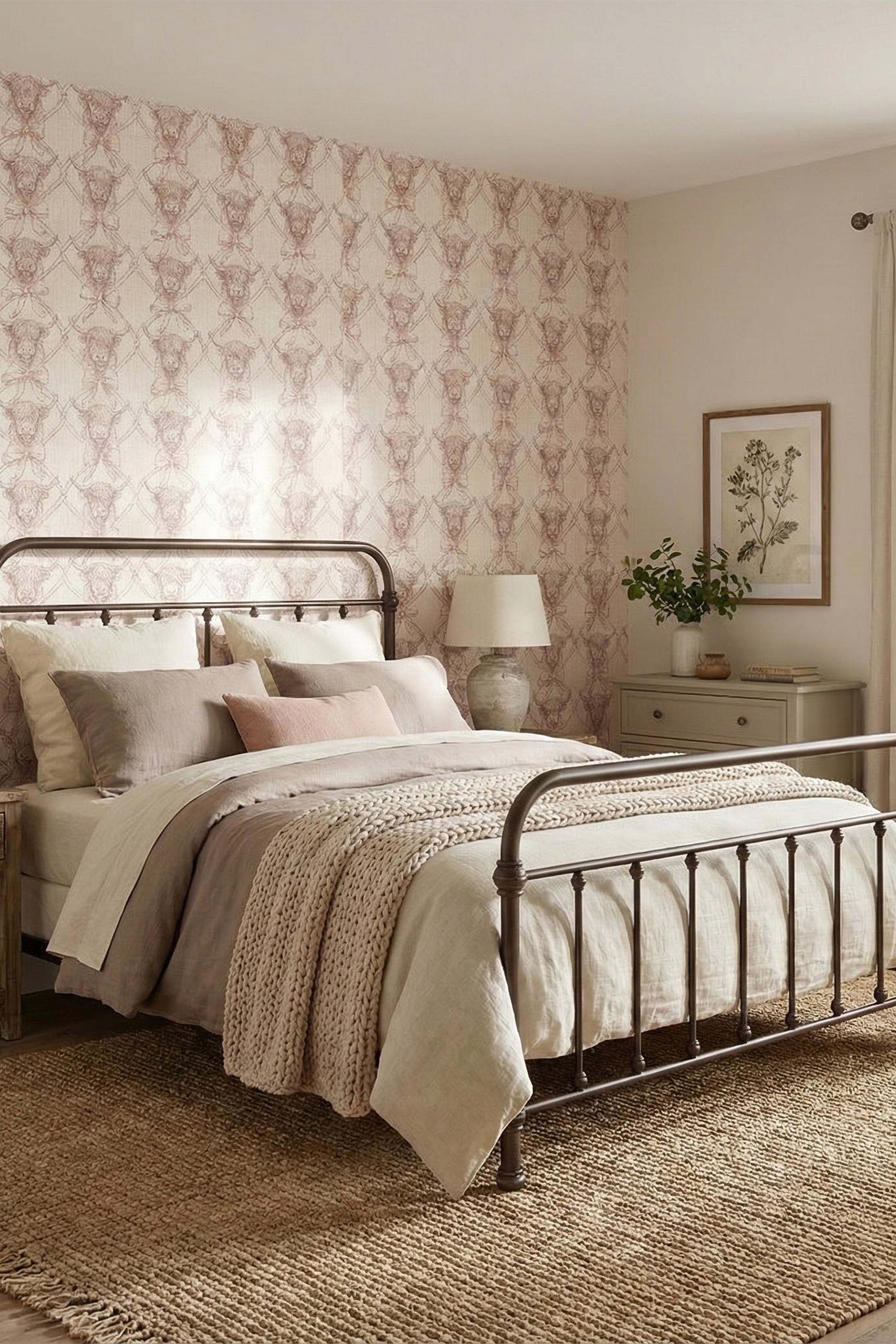 Highland cows in bows on a blush pink trellis wallpaper in a bedroom.