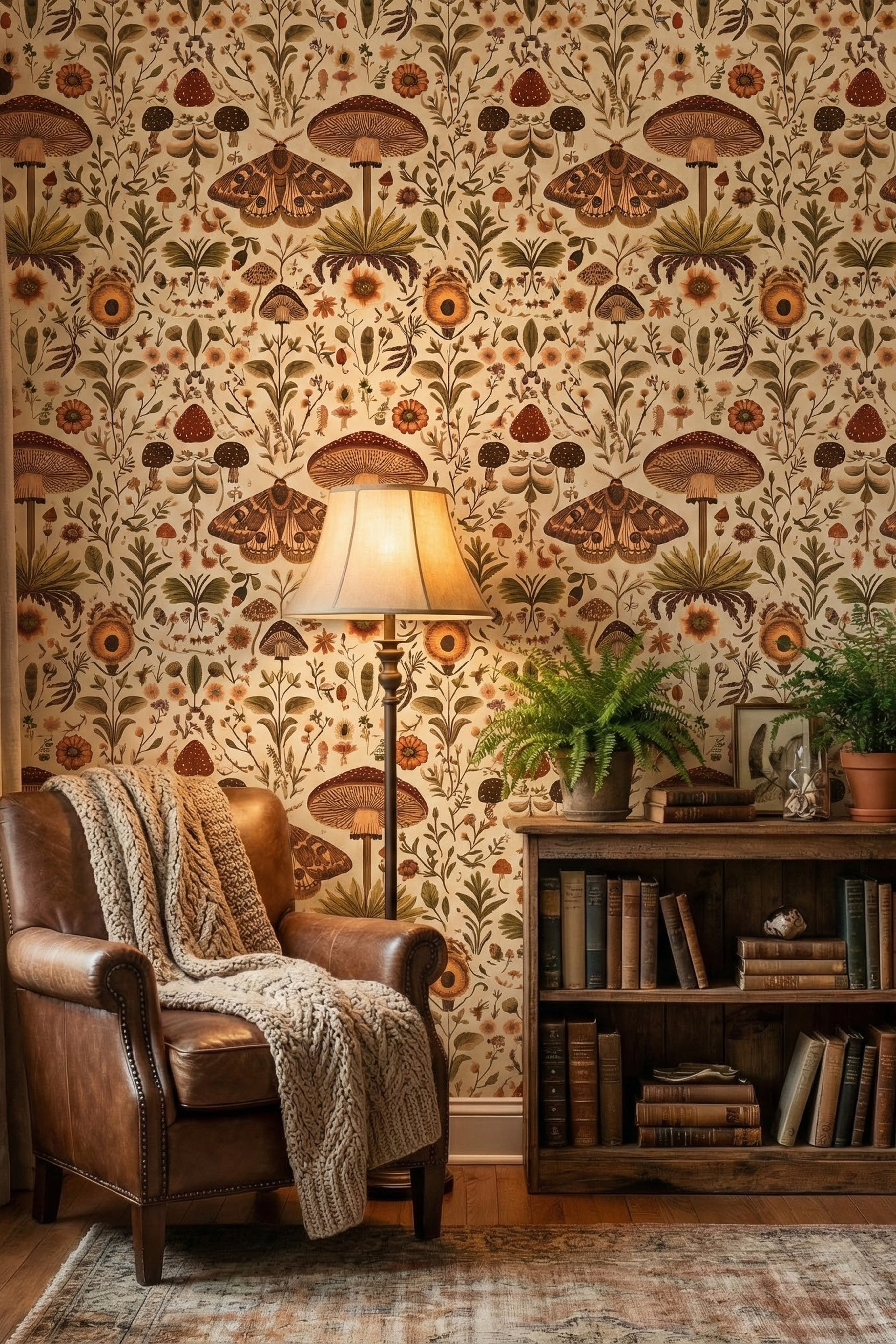 Vintage moths, mushrooms, and wildflowers on warm cream wallpaper in a reading corner.