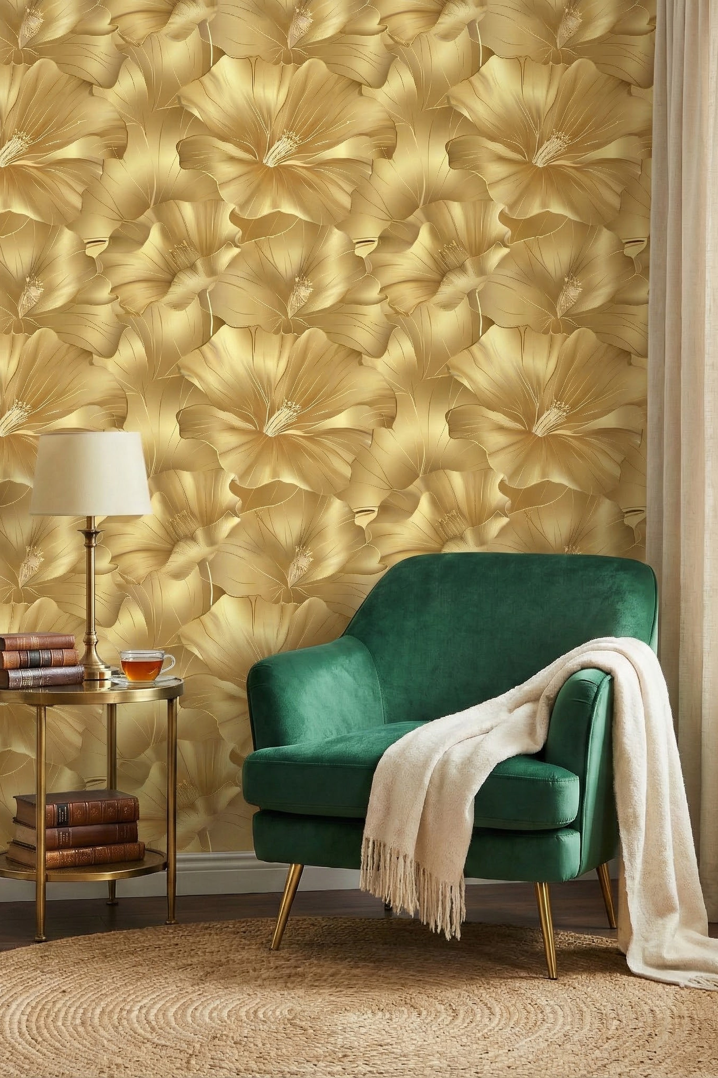 Oversized golden blossoms on a warm mural-scale wallpaper in a reading corner.