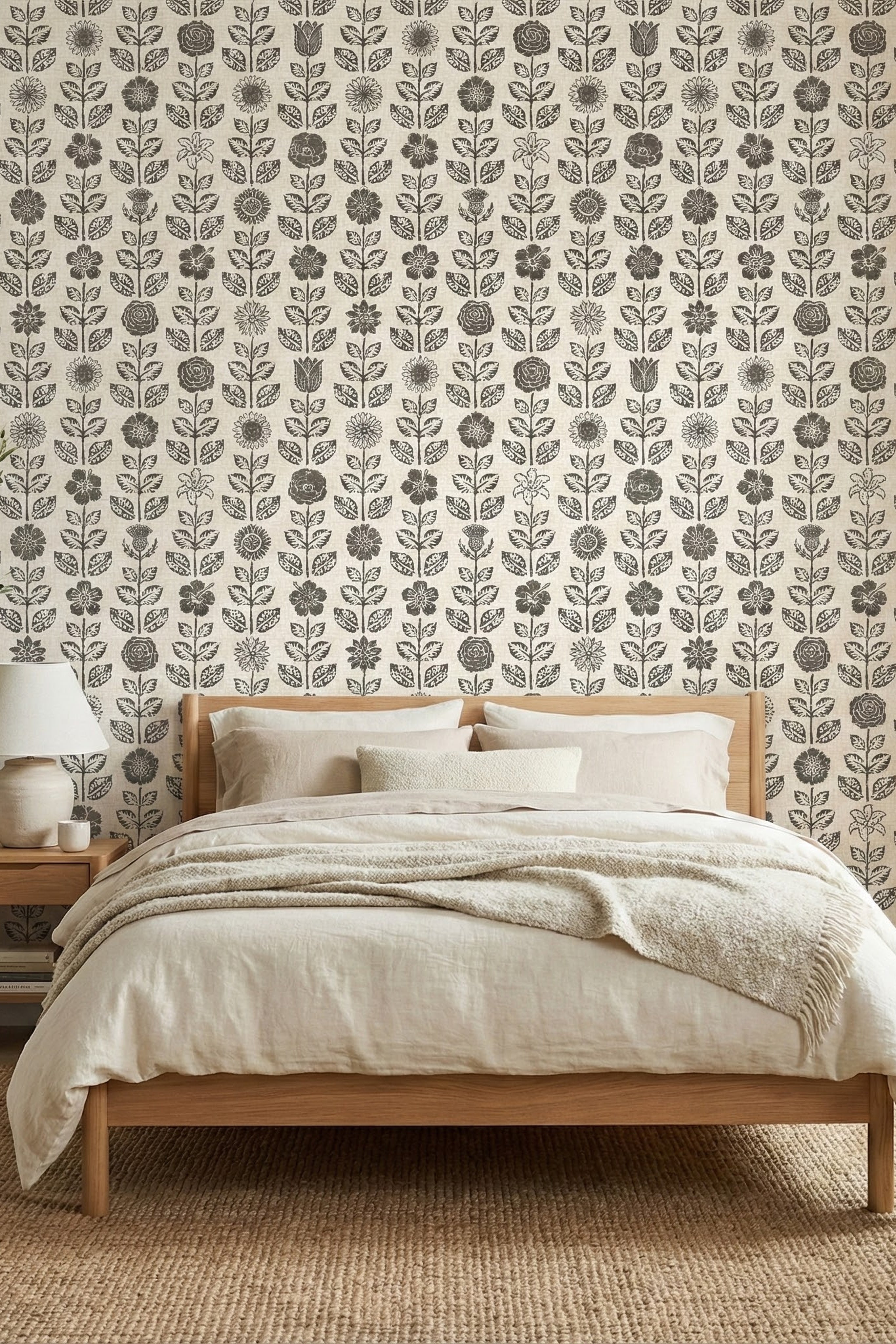 Cream and linen block-print botanical wallpaper in a bedroom.
