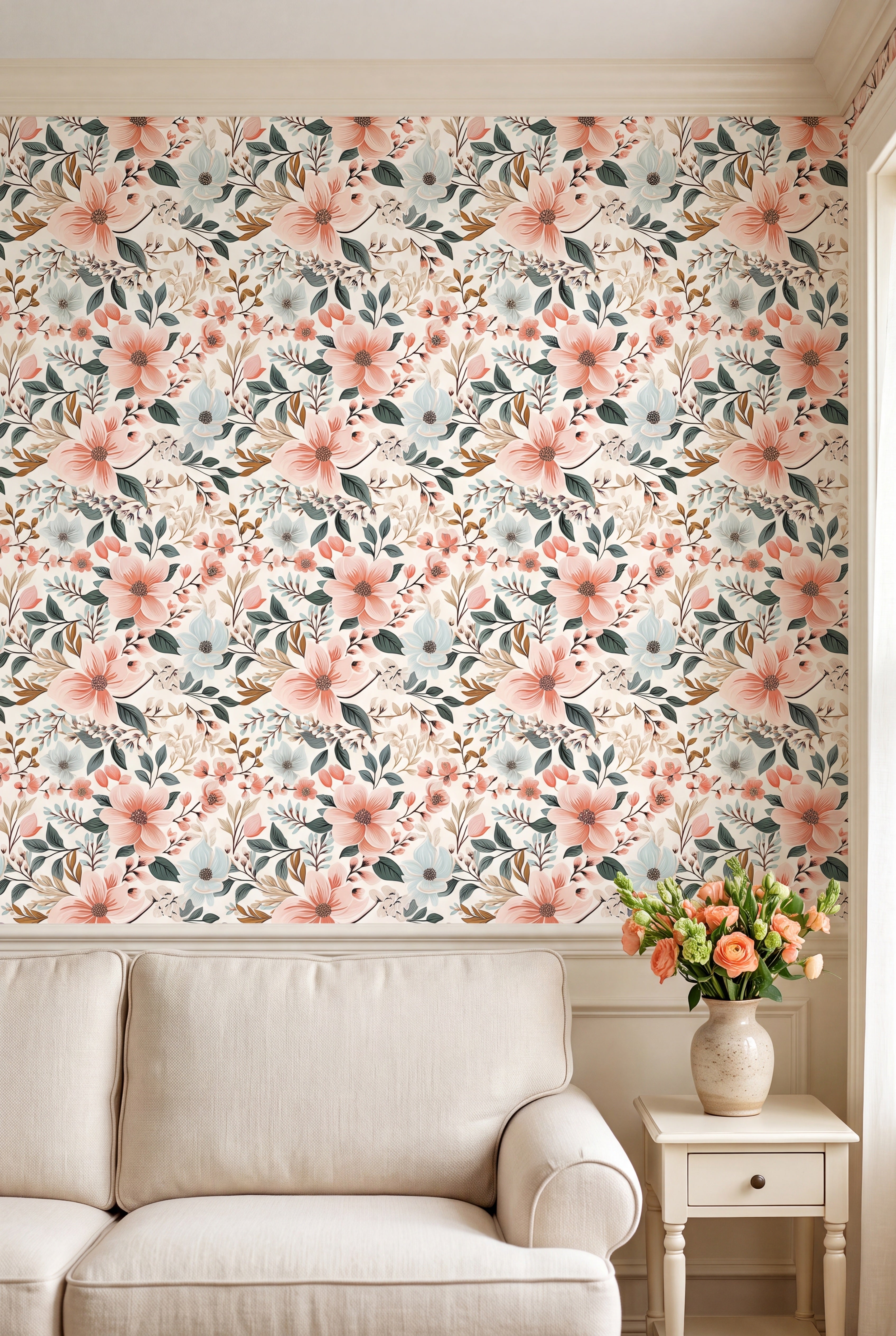 Peach and sage vintage blooms on warm white wallpaper in a living room.