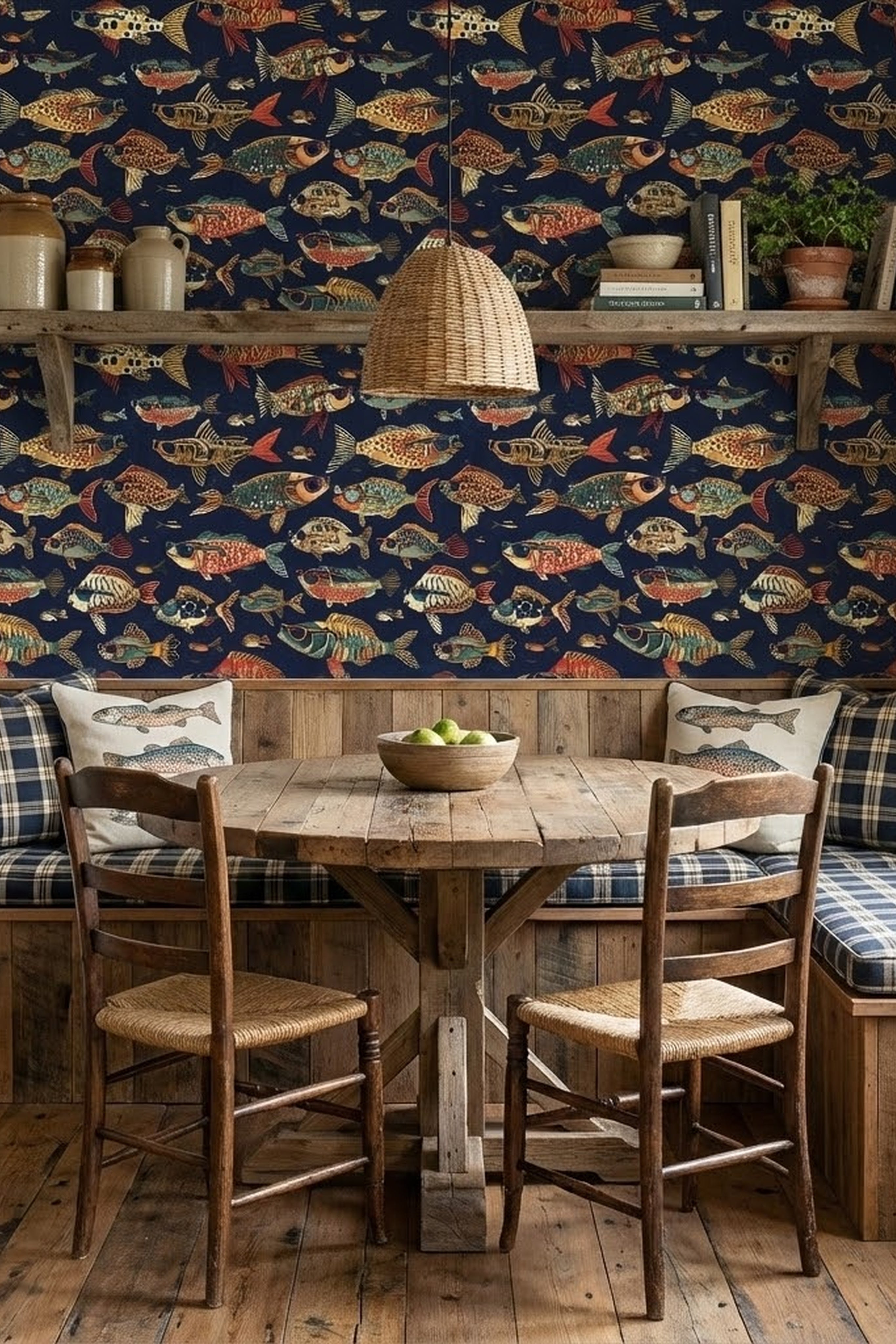 Illustrated fish in sunglasses swimming across deep navy wallpaper in a cozy nook.
