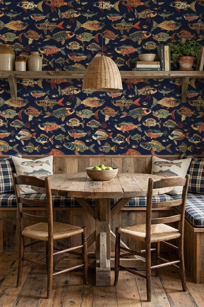 Illustrated fish in sunglasses swimming across deep navy wallpaper in a cozy nook.