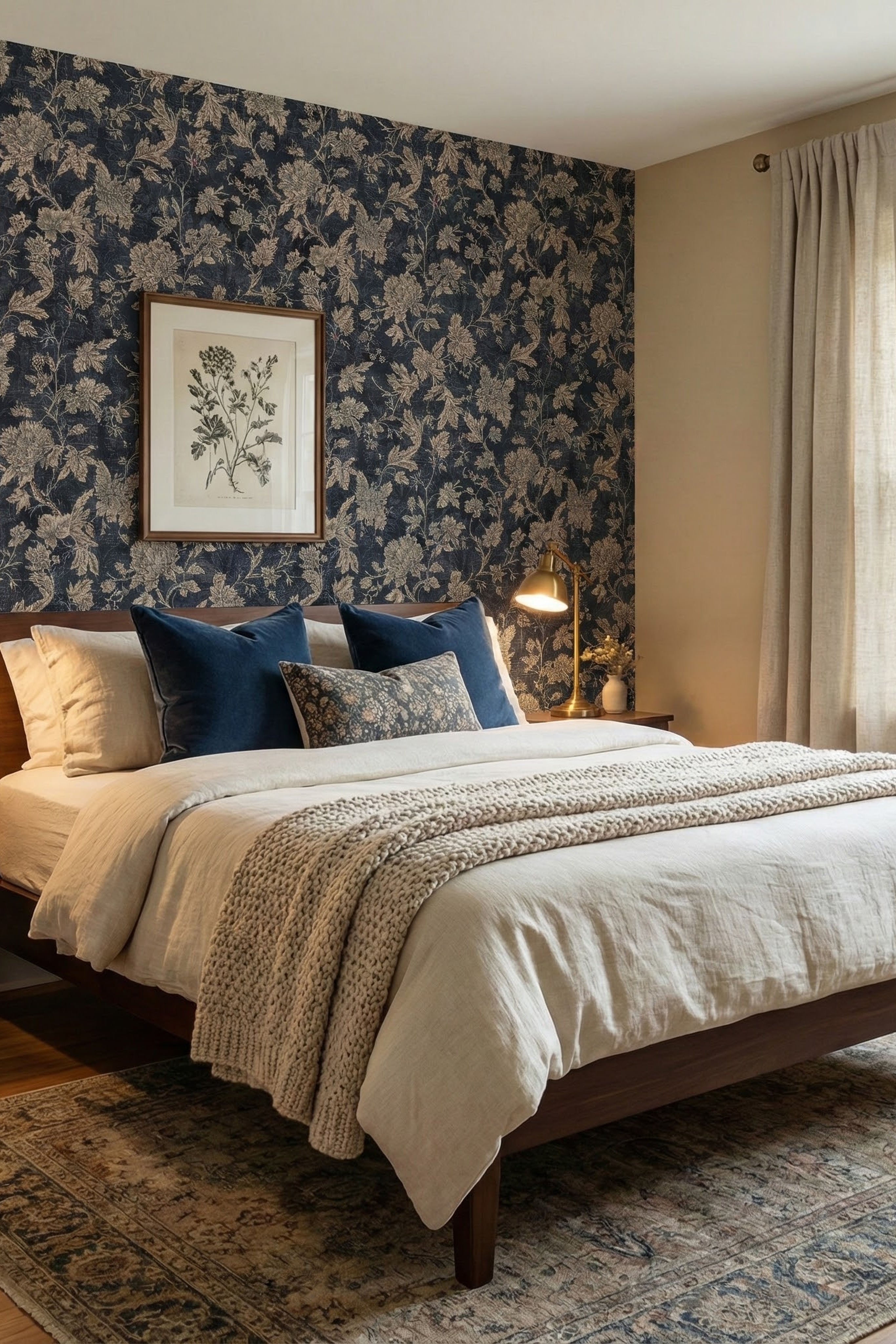 Deep navy florals with beige linework on a vintage wallpaper in a bedroom.
