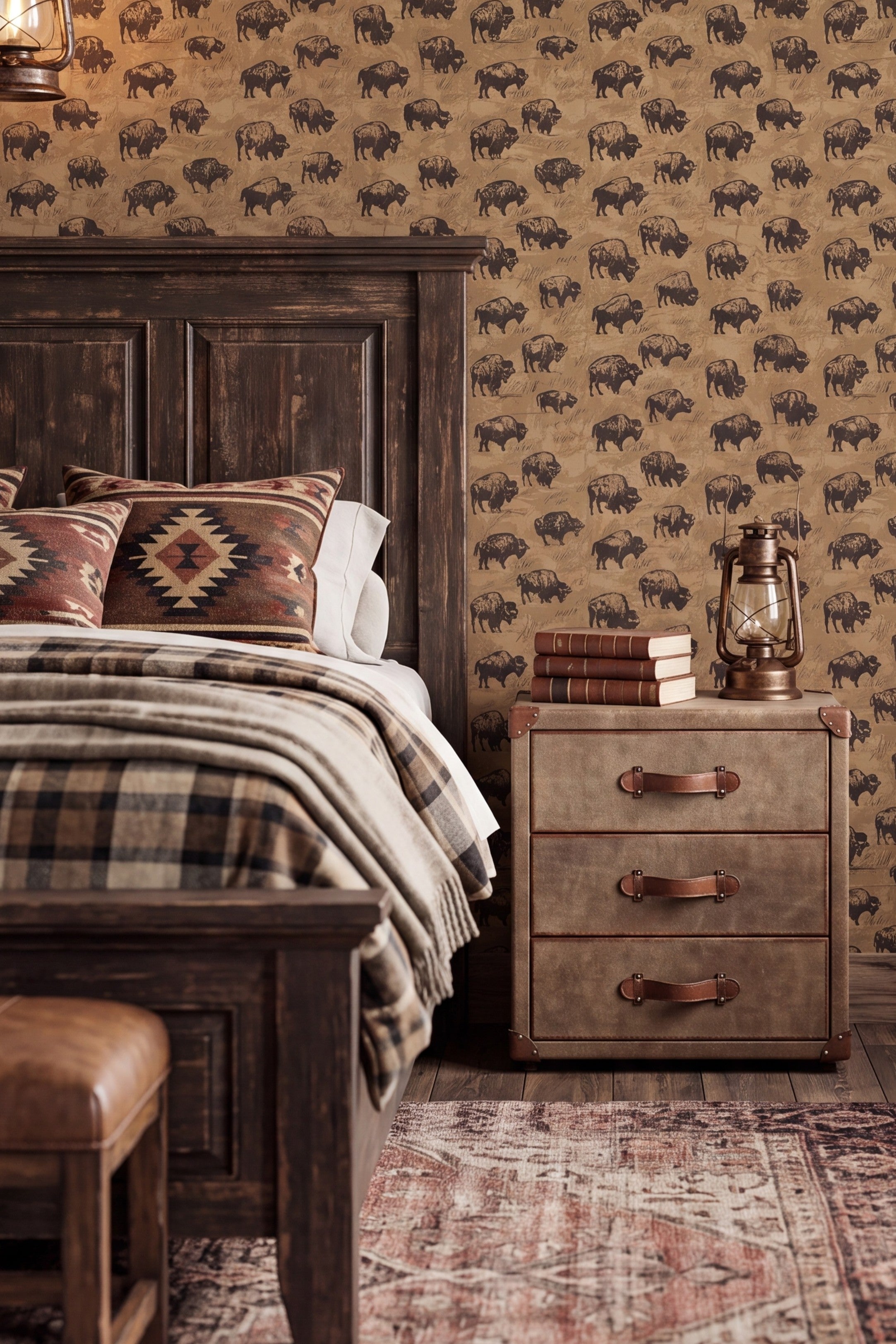 Hand-drawn buffalo in sunglasses on tan Western wallpaper in a bedroom.