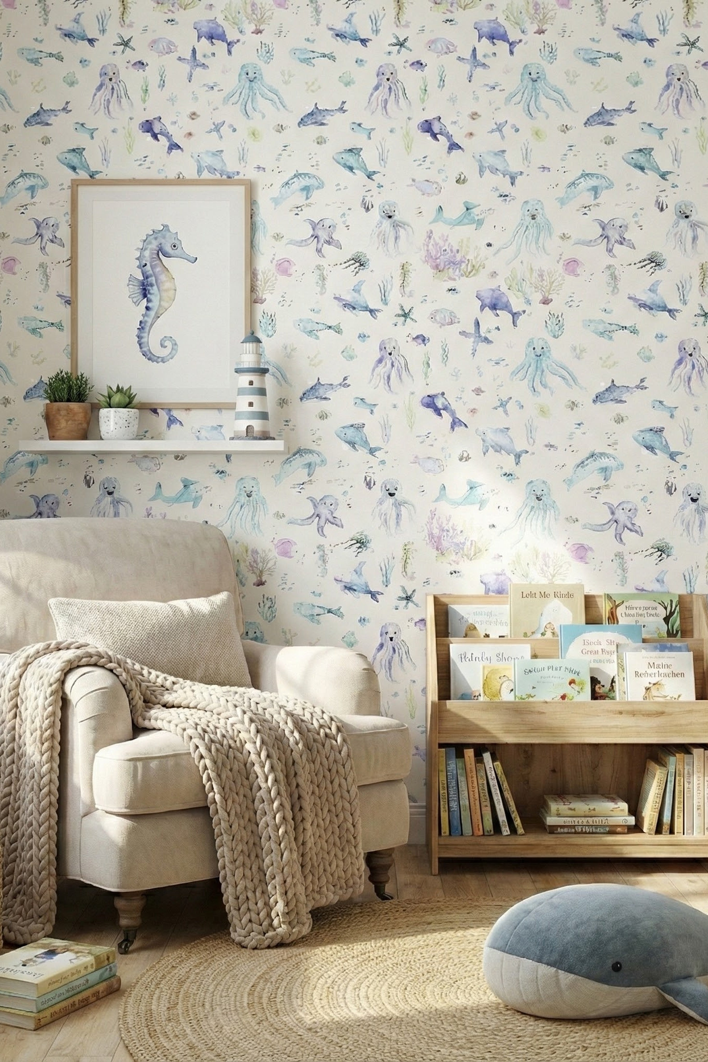 Watercolor octopuses and dolphins on soft blue wallpaper in a reading corner.