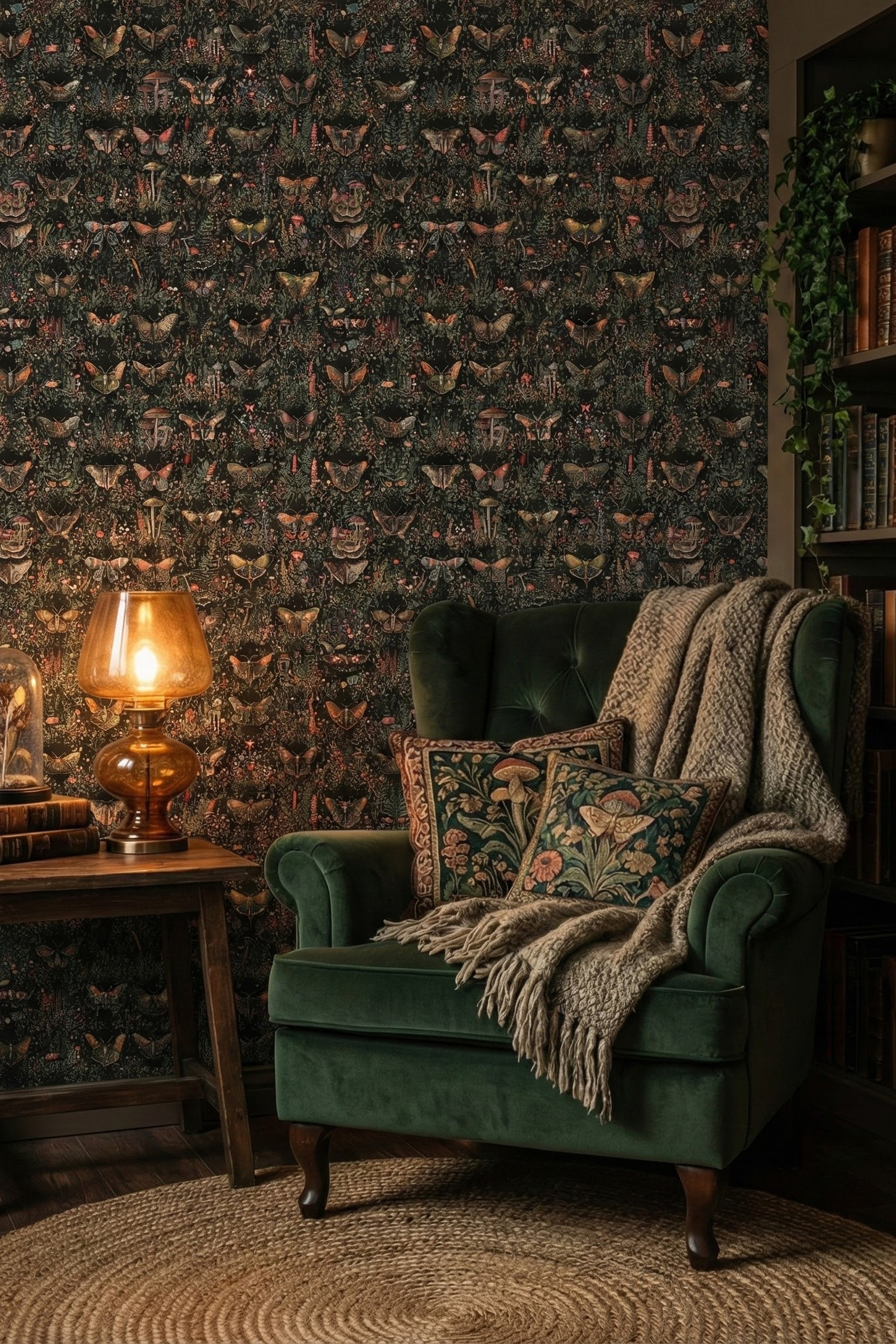 Autumn-toned moths and mushrooms on a dark maximalist wallpaper in a reading corner.
