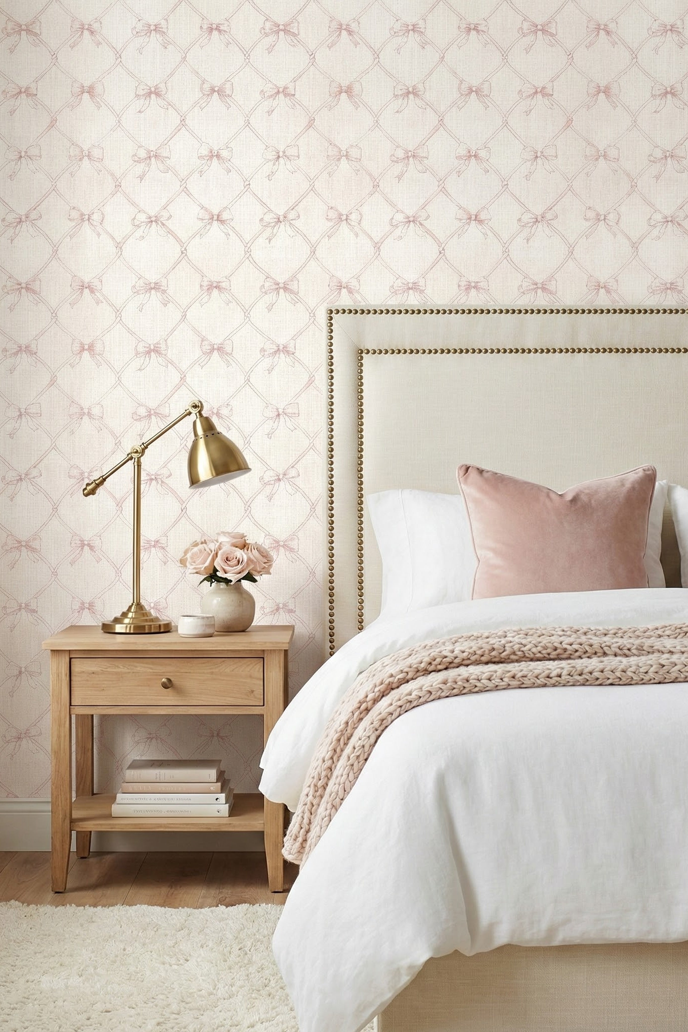 Blush pink bows in a delicate lattice wallpaper in a bedroom.