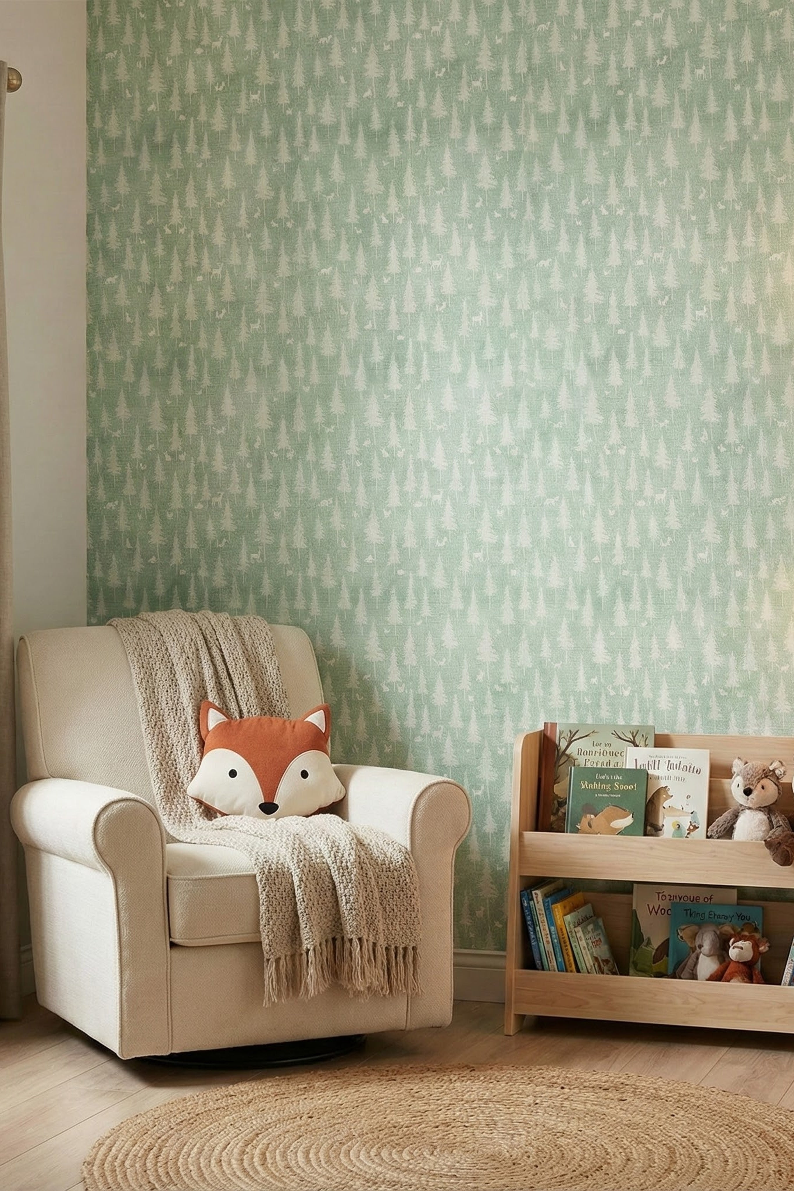 Pale sage pines and woodland animals on a soft geometric wallpaper in a reading corner.