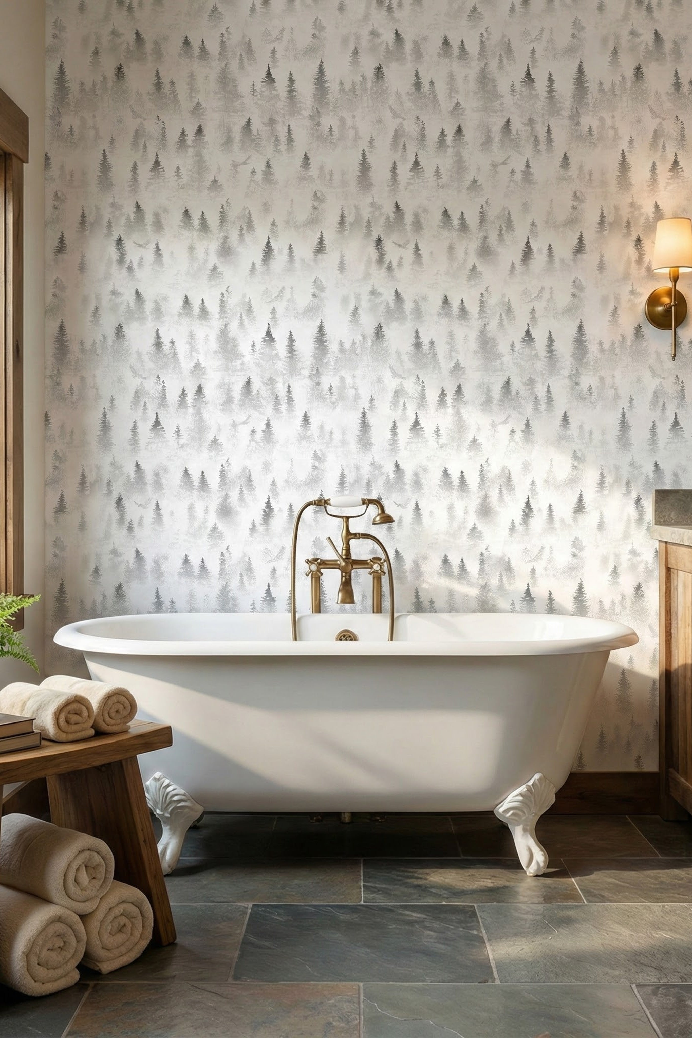 Grey watercolor pines and birds fading into mist on bathroom wallpaper.