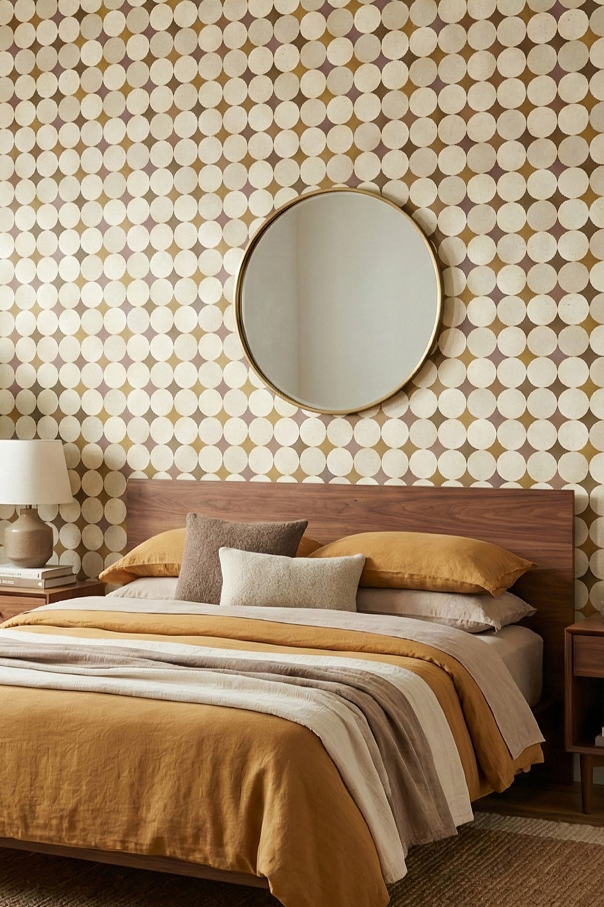 Mustard and mauve mid-century circles on cream wallpaper in a bedroom.