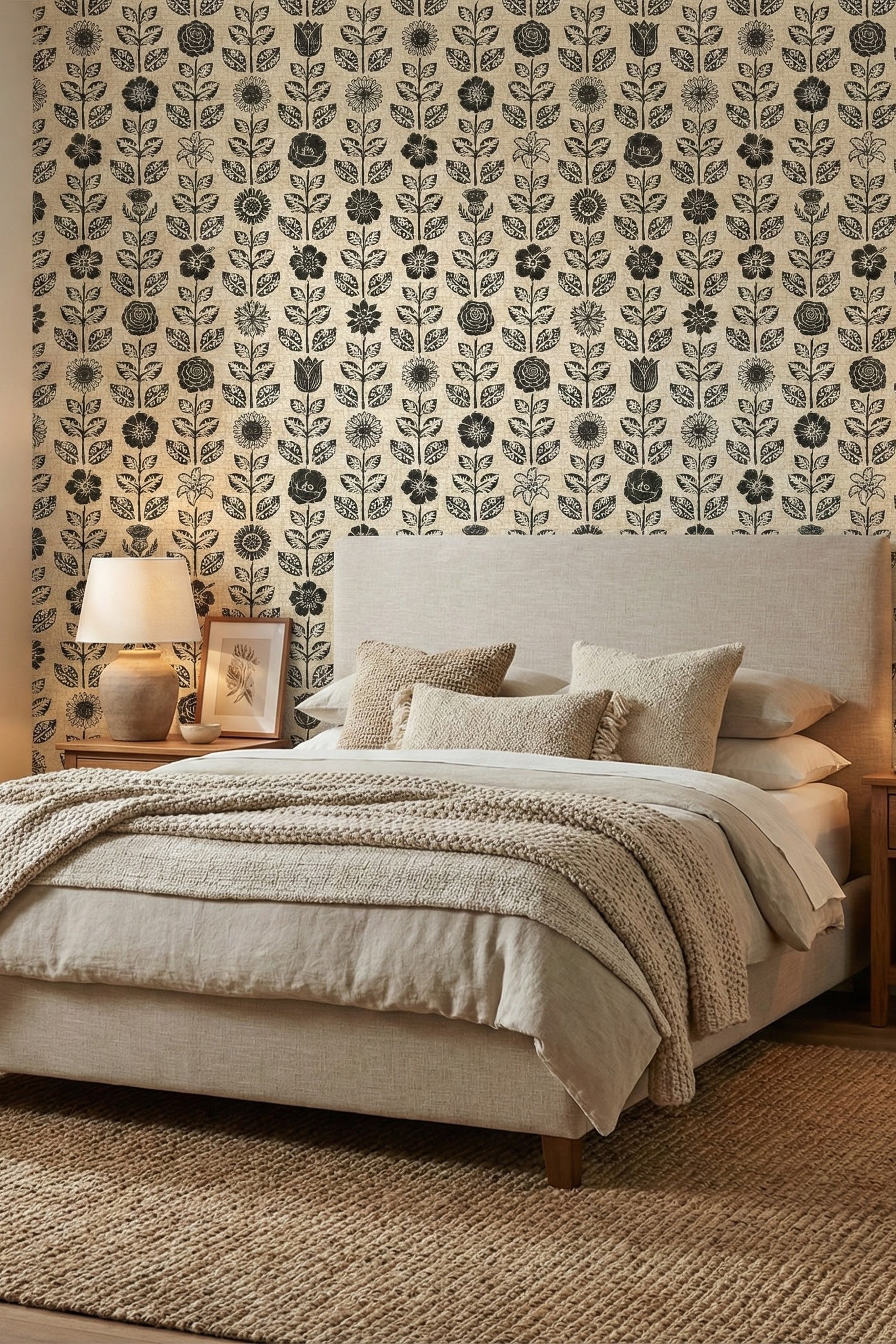 Black block-print flowers on a warm neutral folk wallpaper in a bedroom.