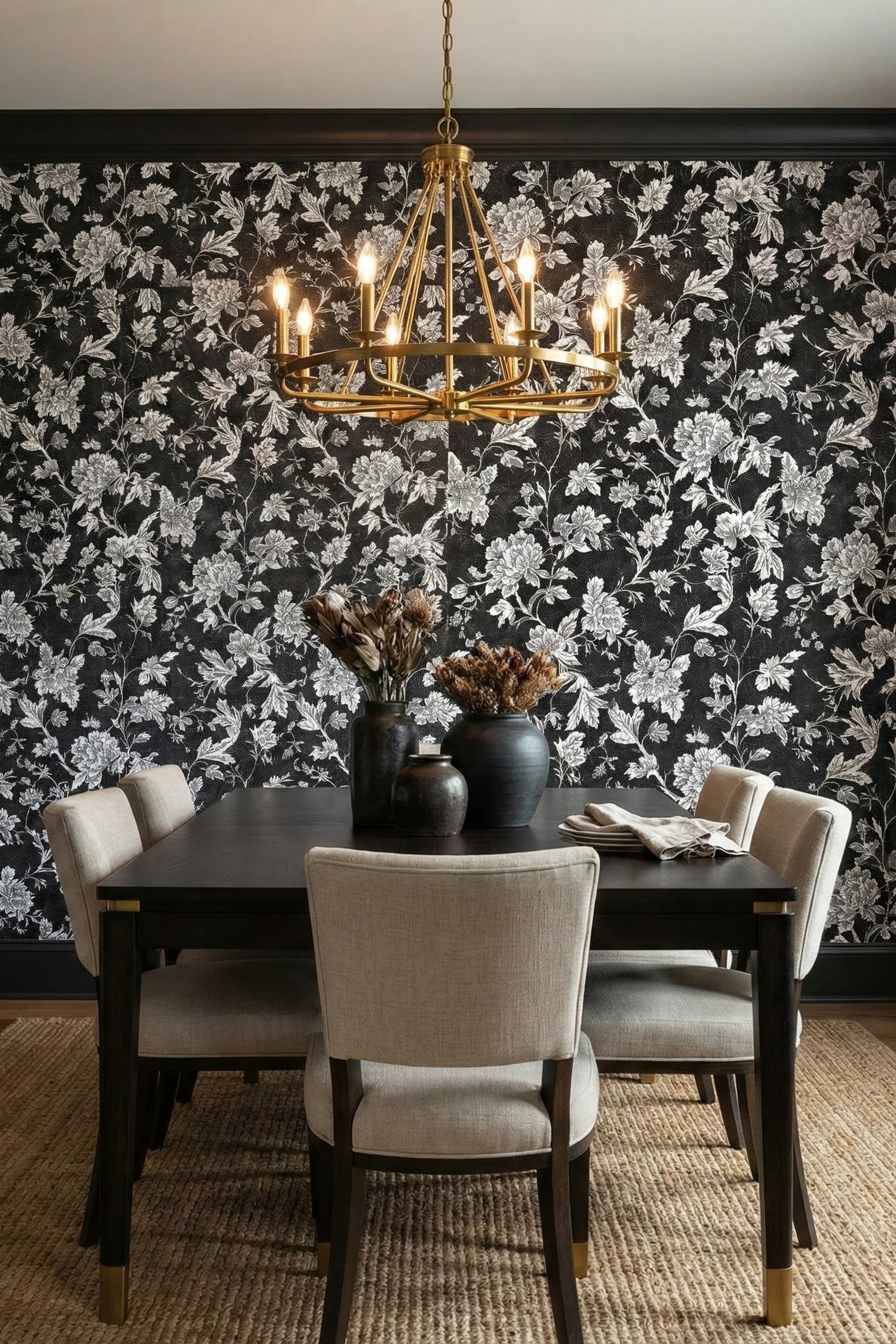 White peonies on inky charcoal floral wallpaper in a dining room.