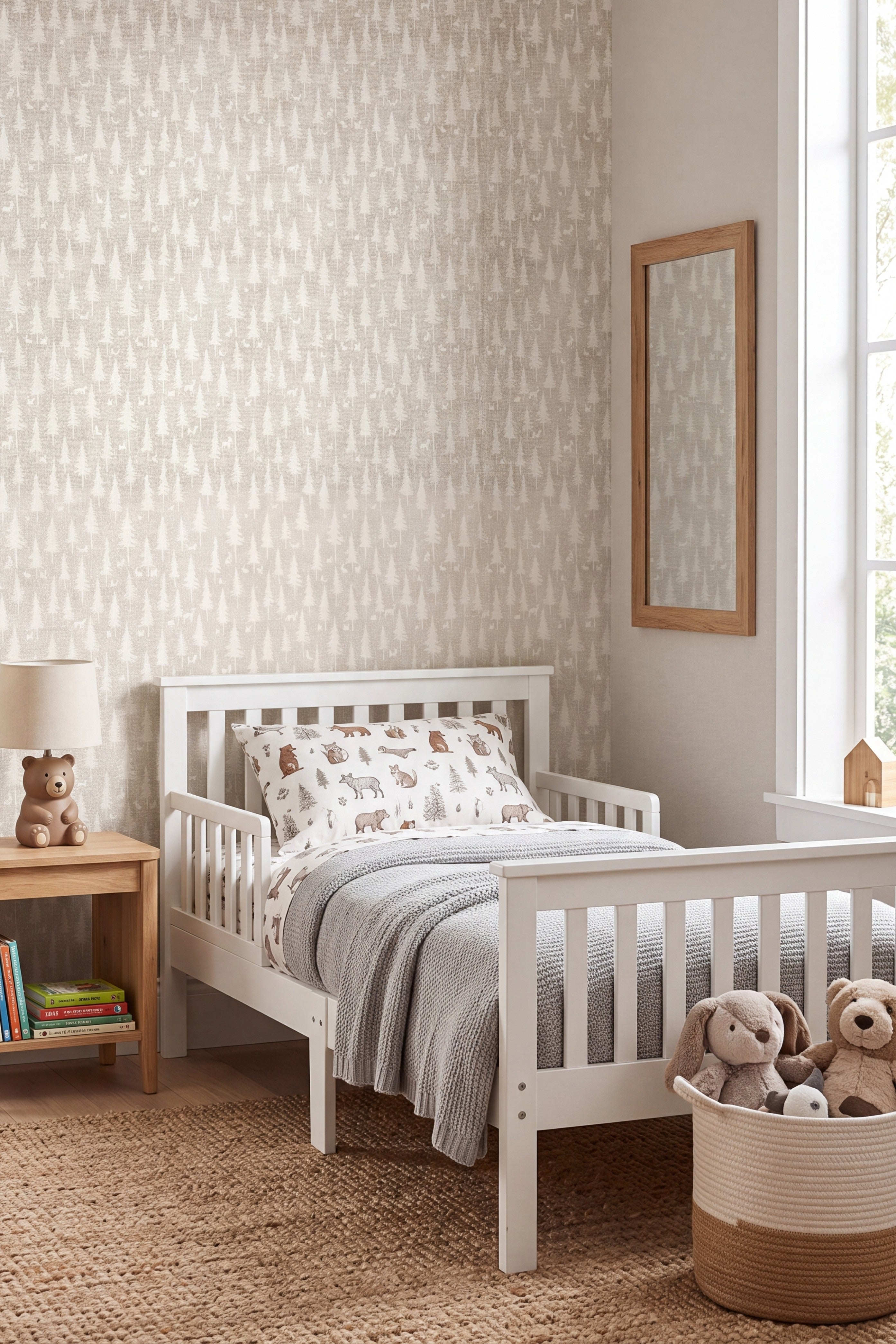 Soft beige pines and woodland creatures on a pale neutral wallpaper in a kids' room.