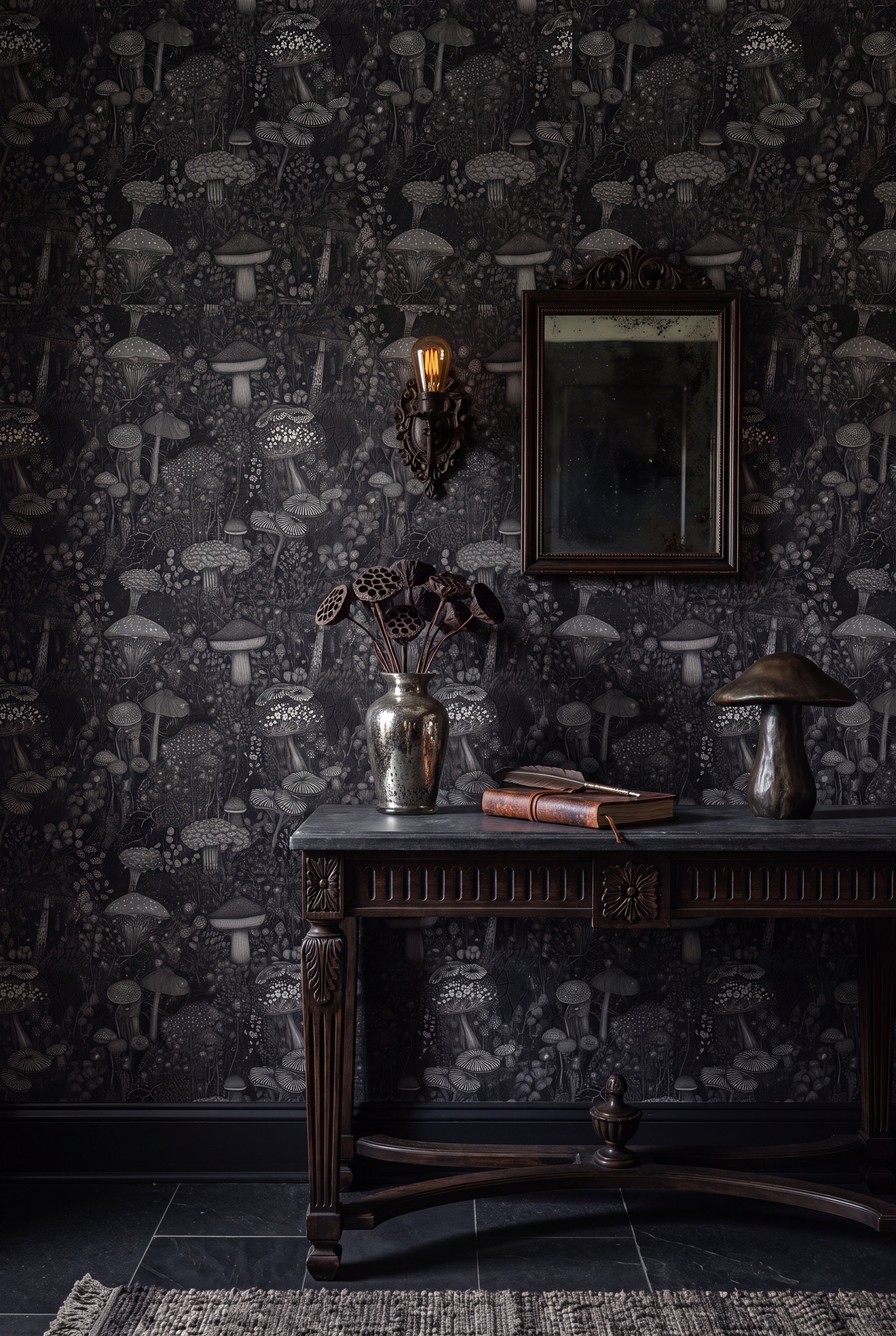 Toadstools and ferns on a rich dark woodland wallpaper in an entryway.