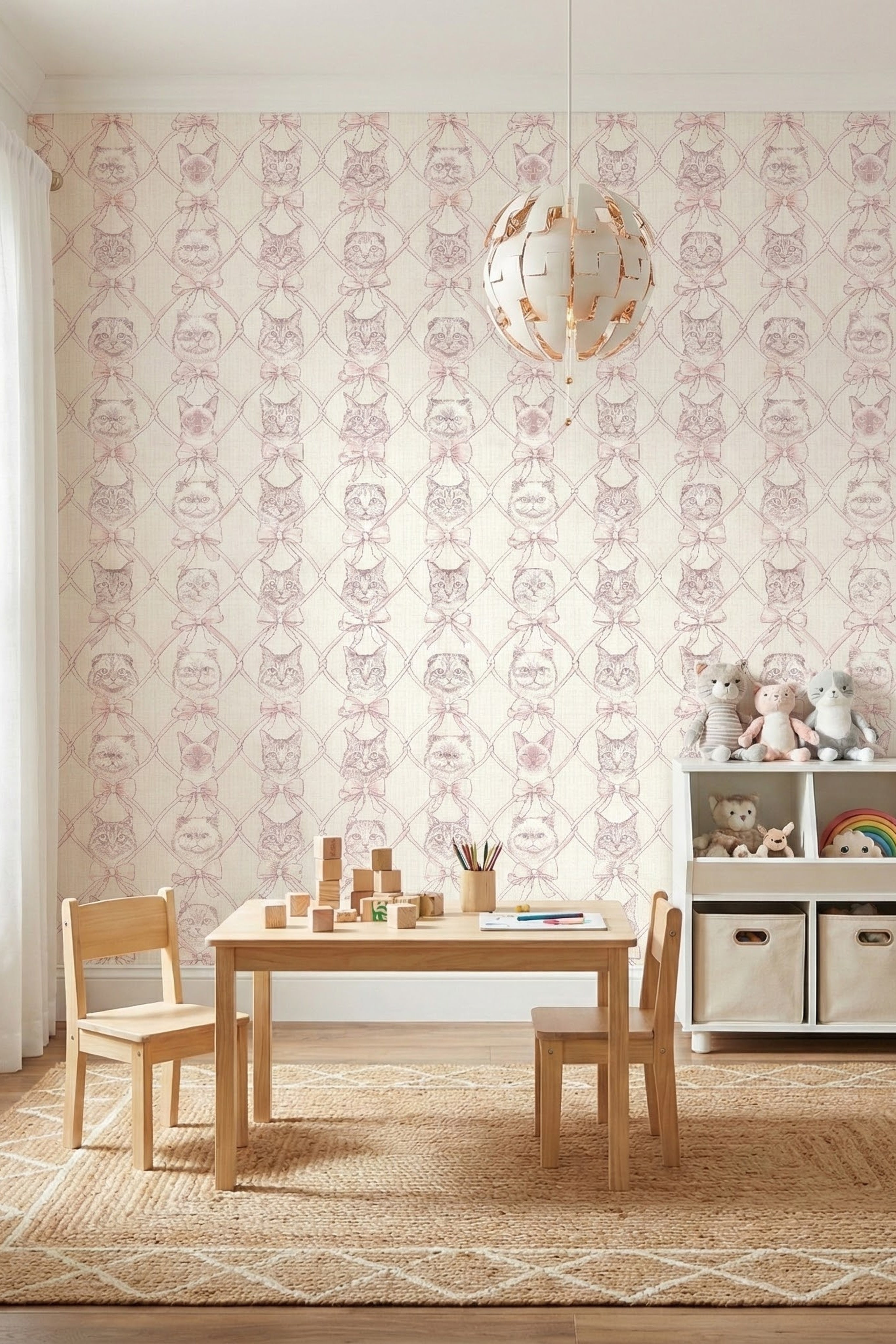 Blush cats framed in pink bows on lattice wallpaper in a playroom.