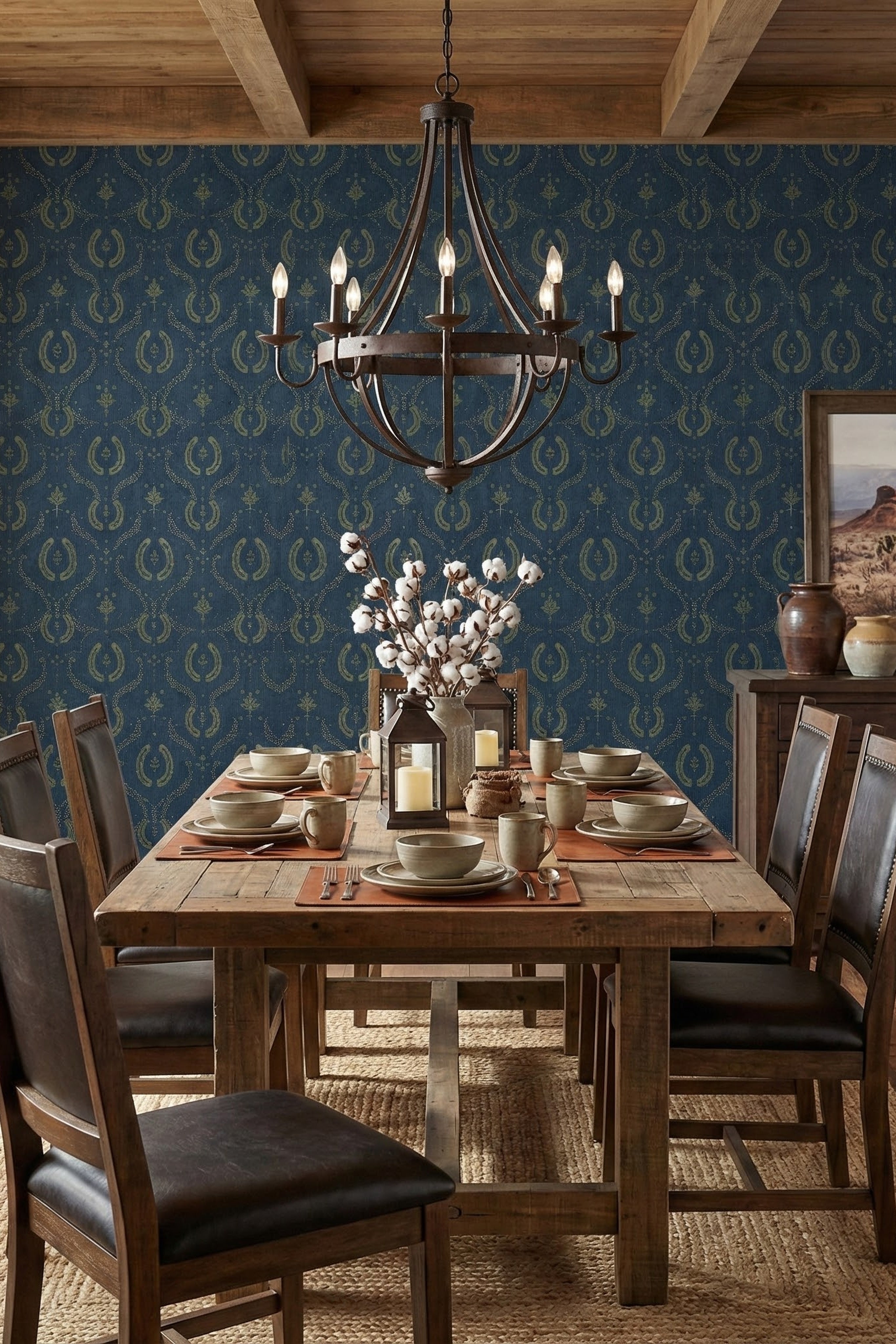 Military-green horseshoes on deep navy wallpaper in a dining room.