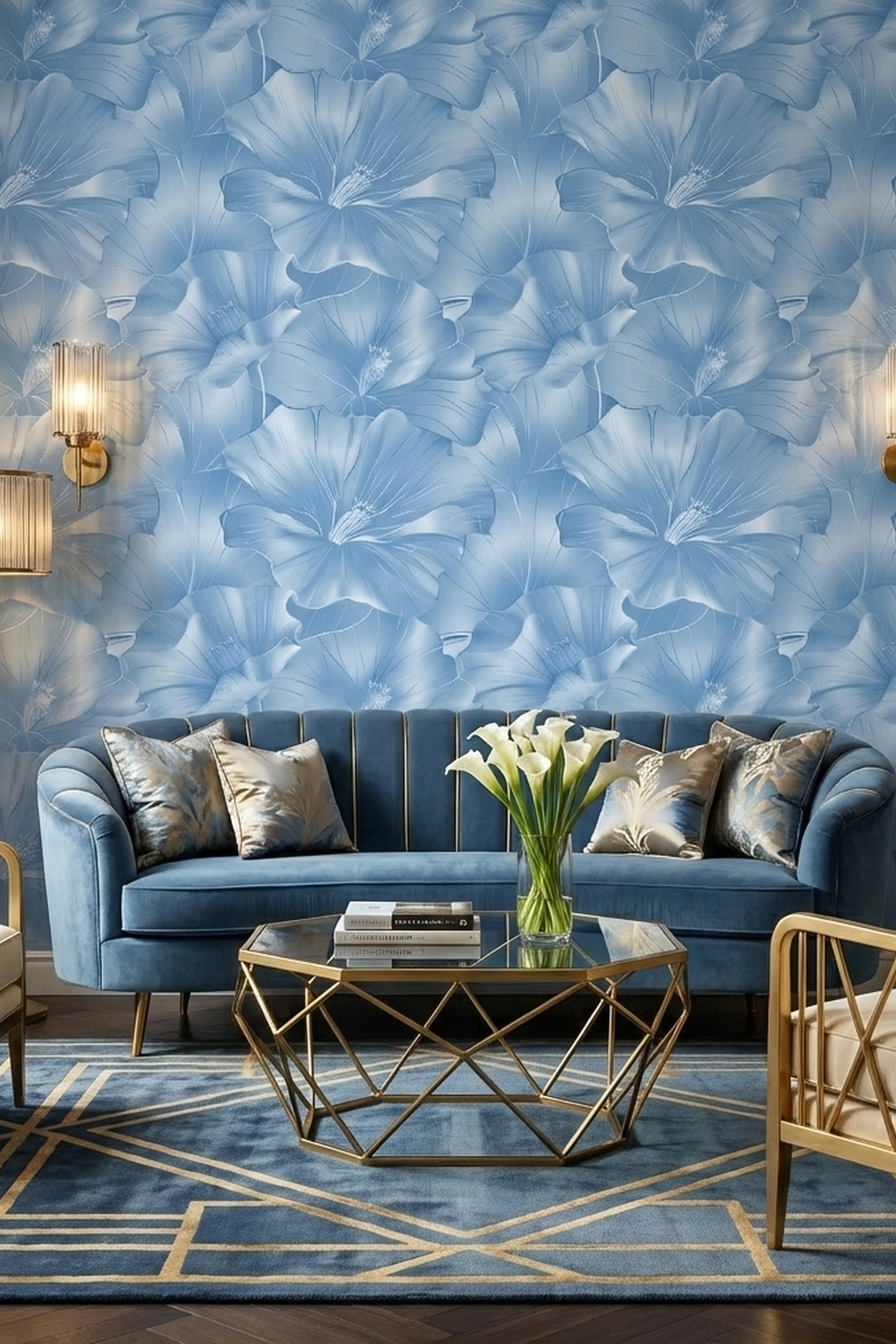 Oversized airy blue Art Deco blossoms on wallpaper in a living room.