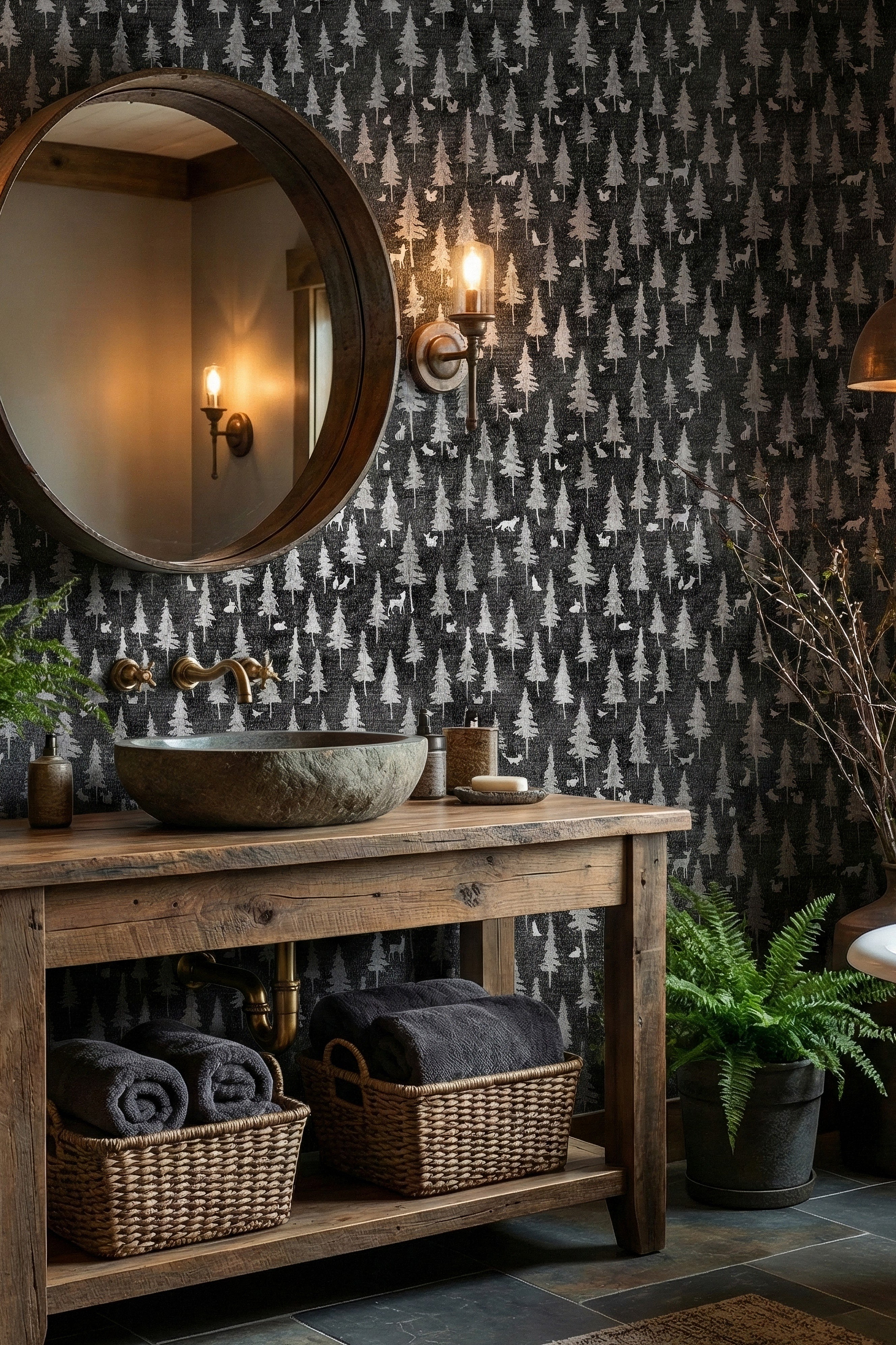 Charcoal woodland wallpaper with tiny deer and foxes in a bathroom.