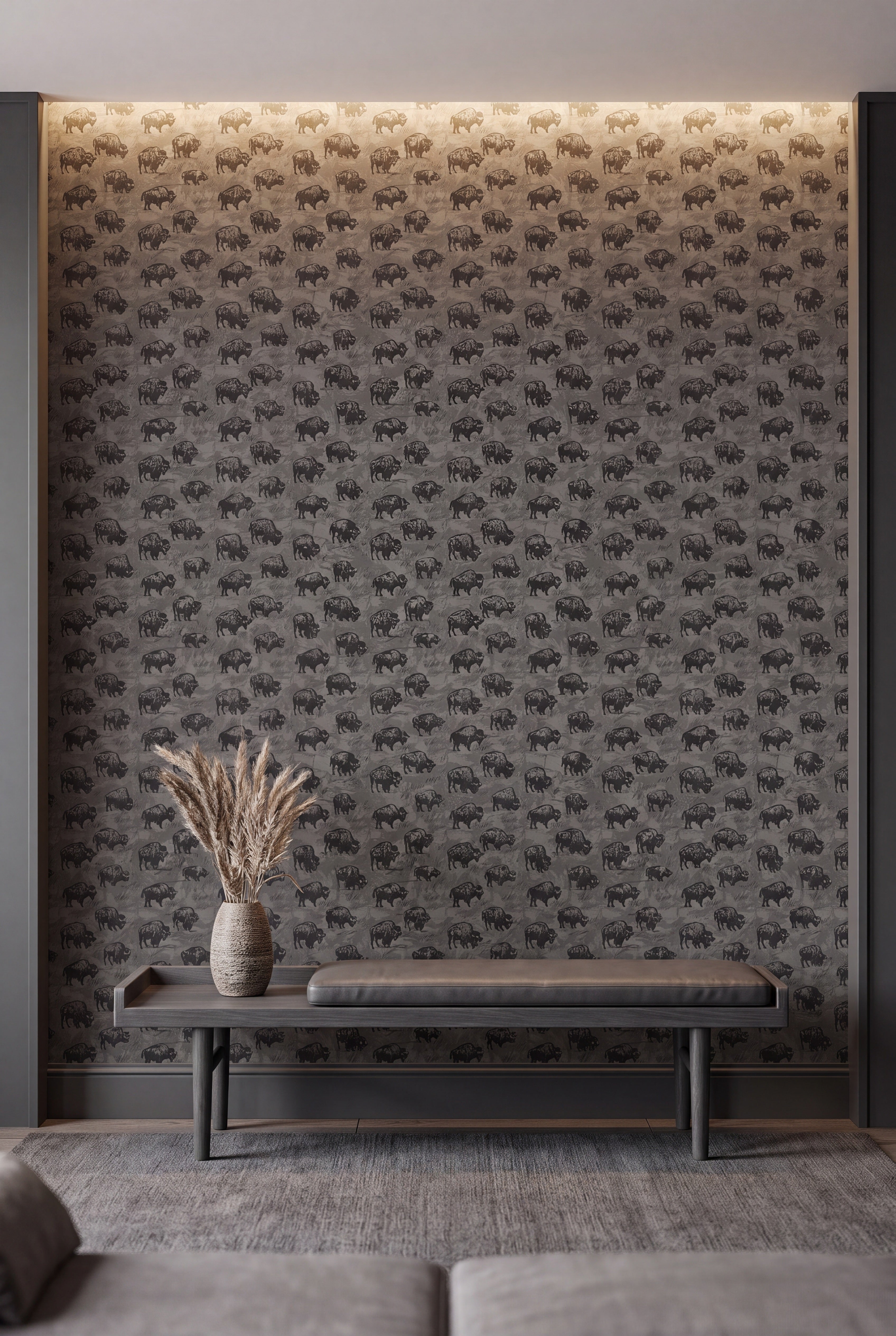Playful buffalo in sunglasses on charcoal wallpaper on an accent wall.