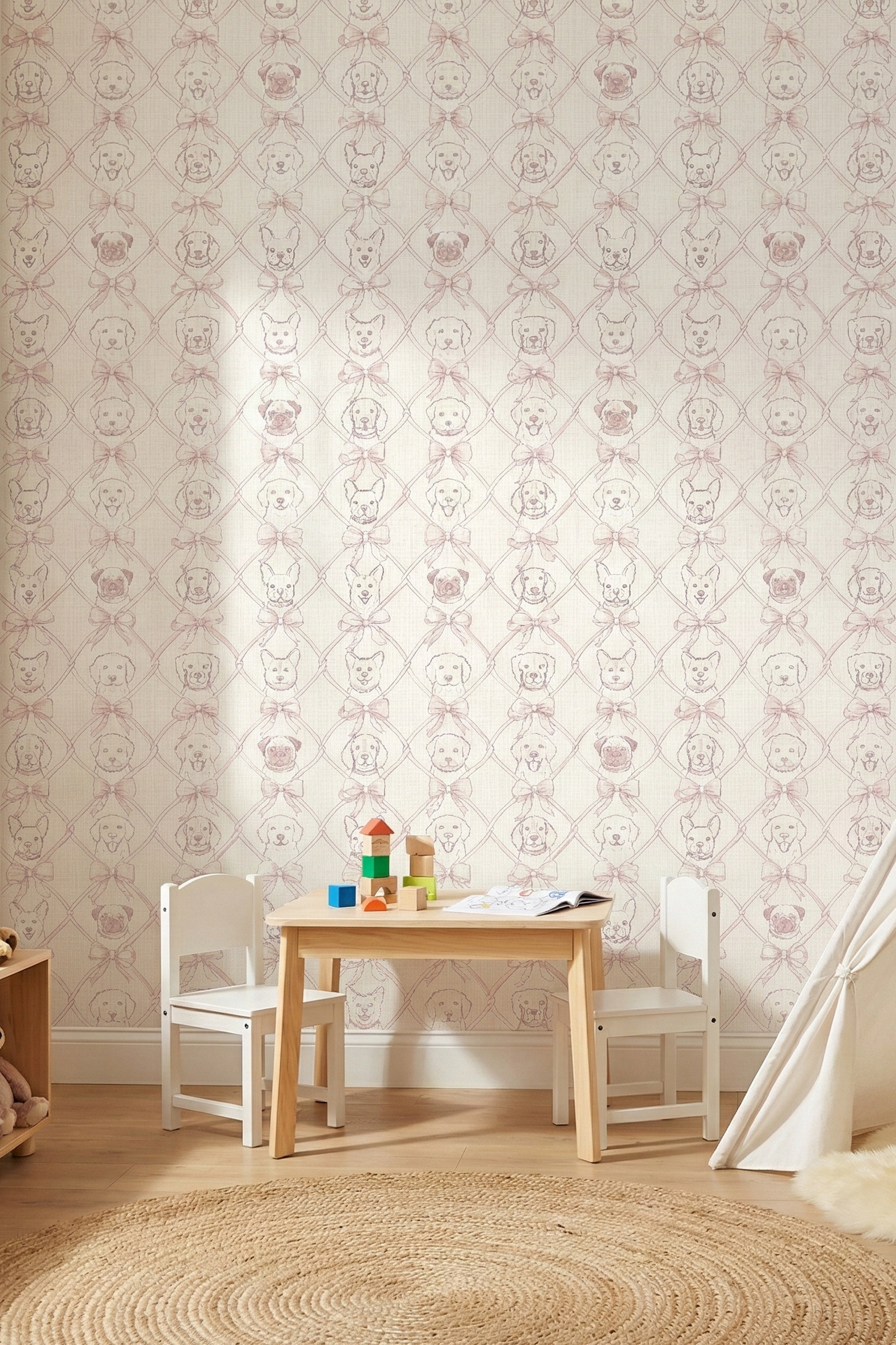 Blush sketched puppies and pink bows on cream wallpaper in a playroom.