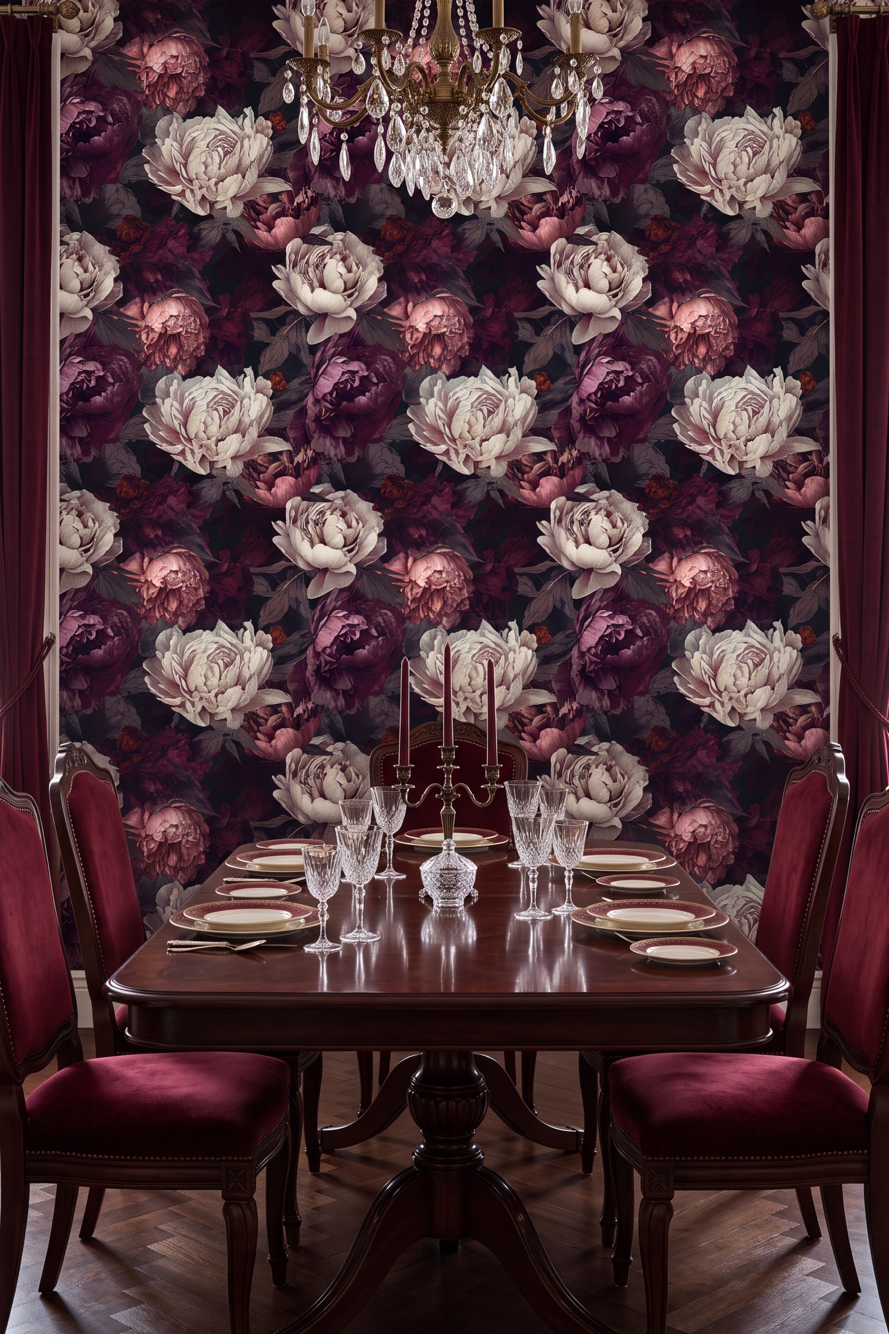 Lush dark peony blooms on a shadowy floral wallpaper in a dining room.