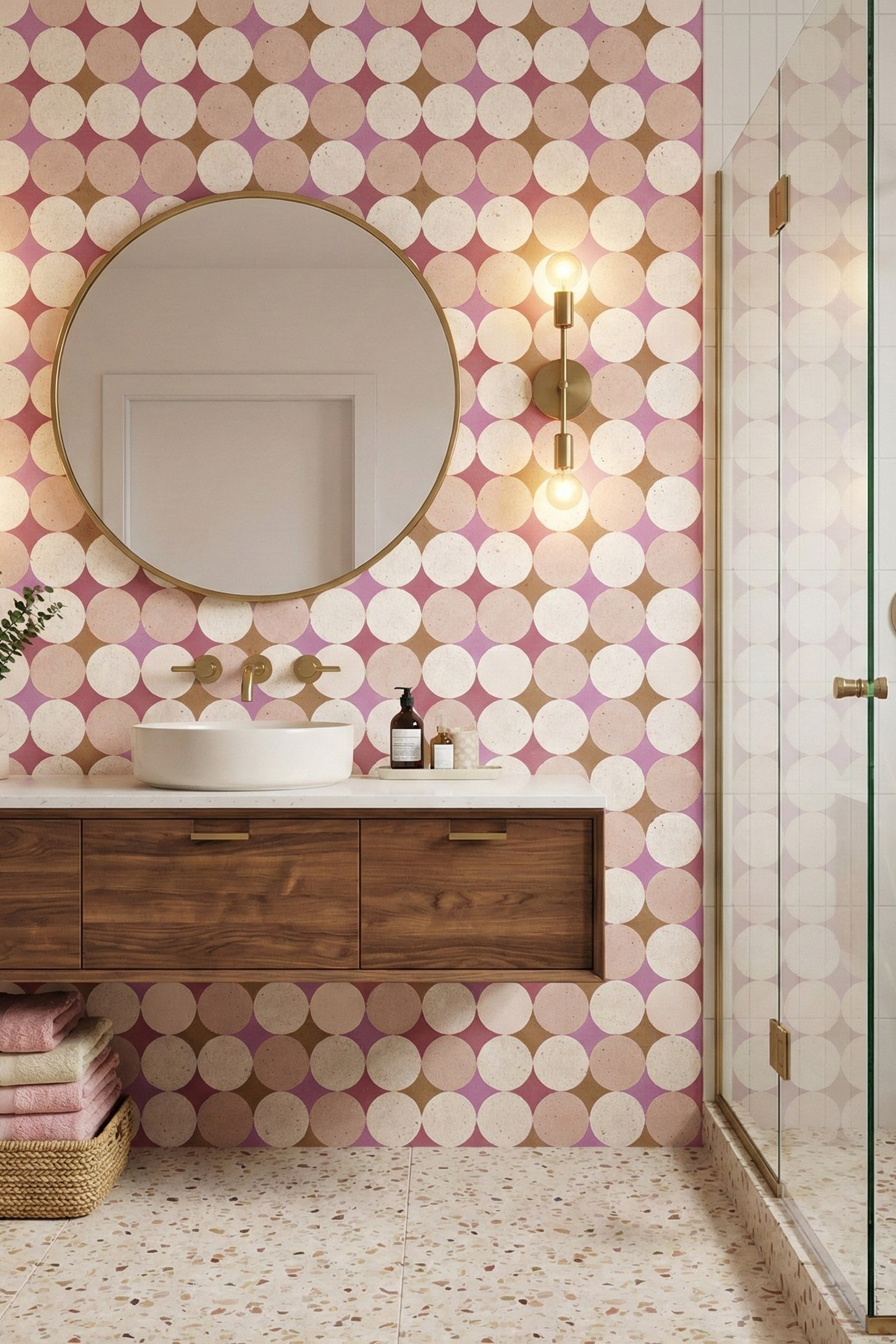 Cream circles with pink and brown diamonds on retro bathroom wallpaper.