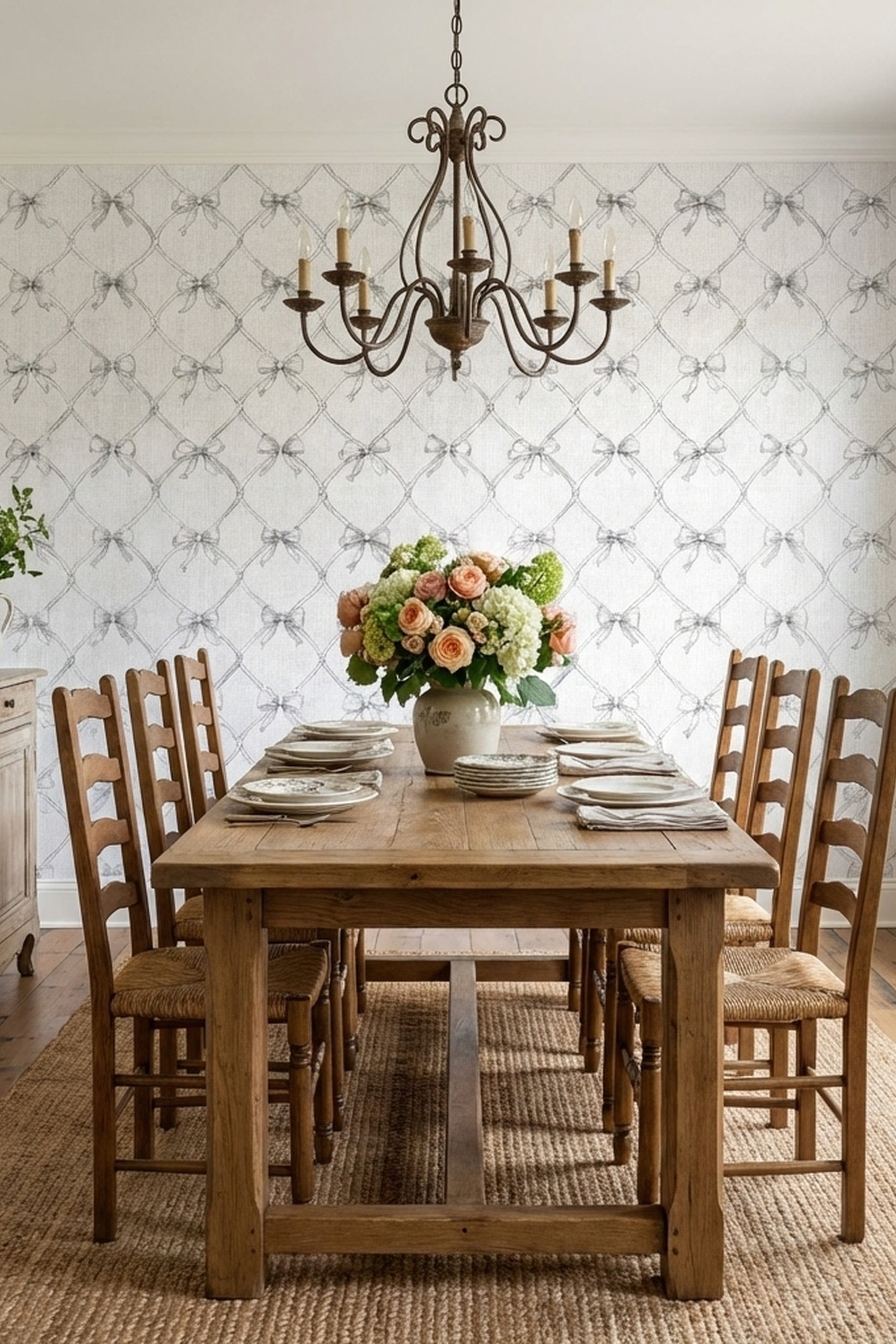 Black bows in a soft grey lattice on wallpaper in a dining room.