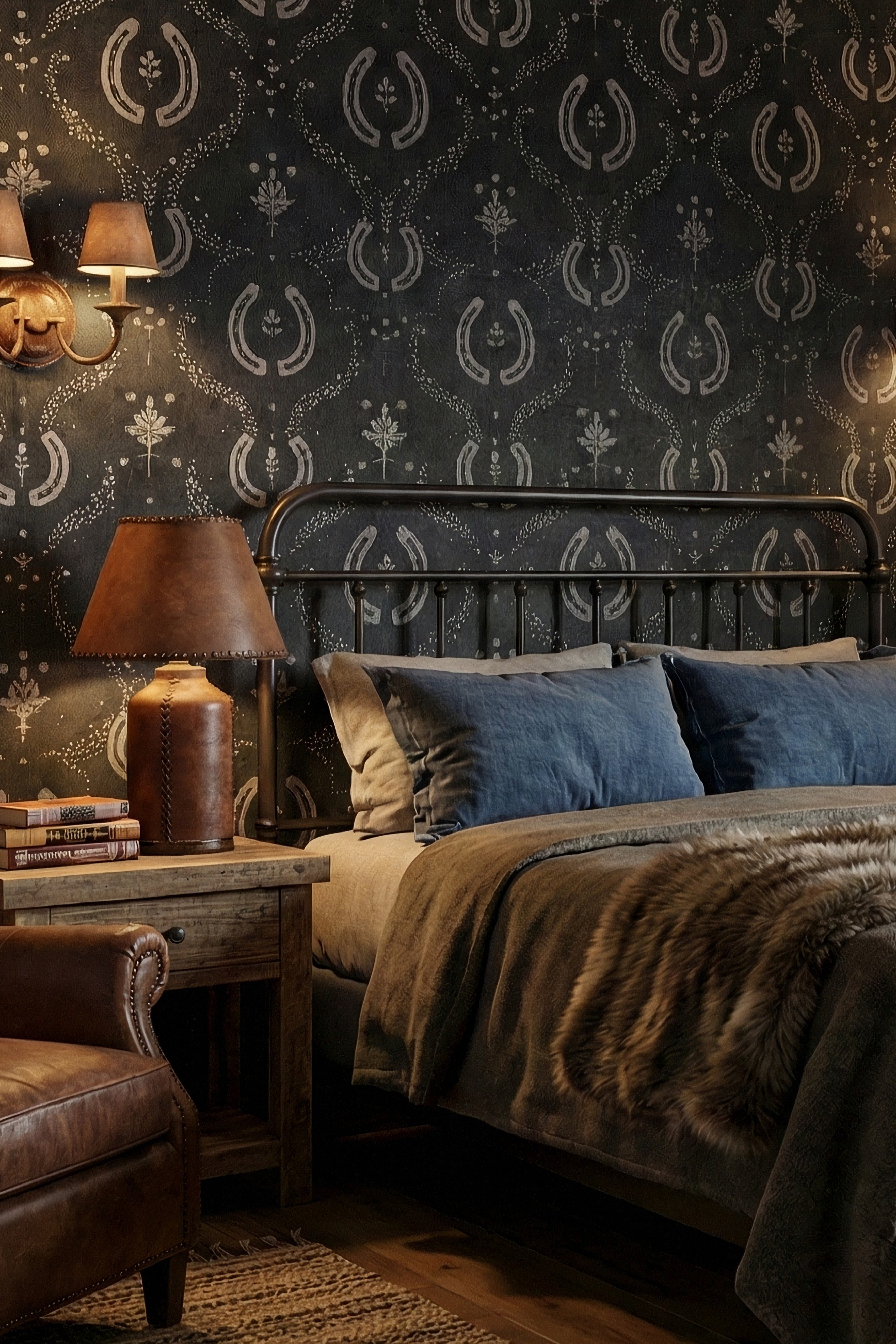 Flower-wrapped horseshoes and delicate florals on a dark wallpaper in a bedroom.