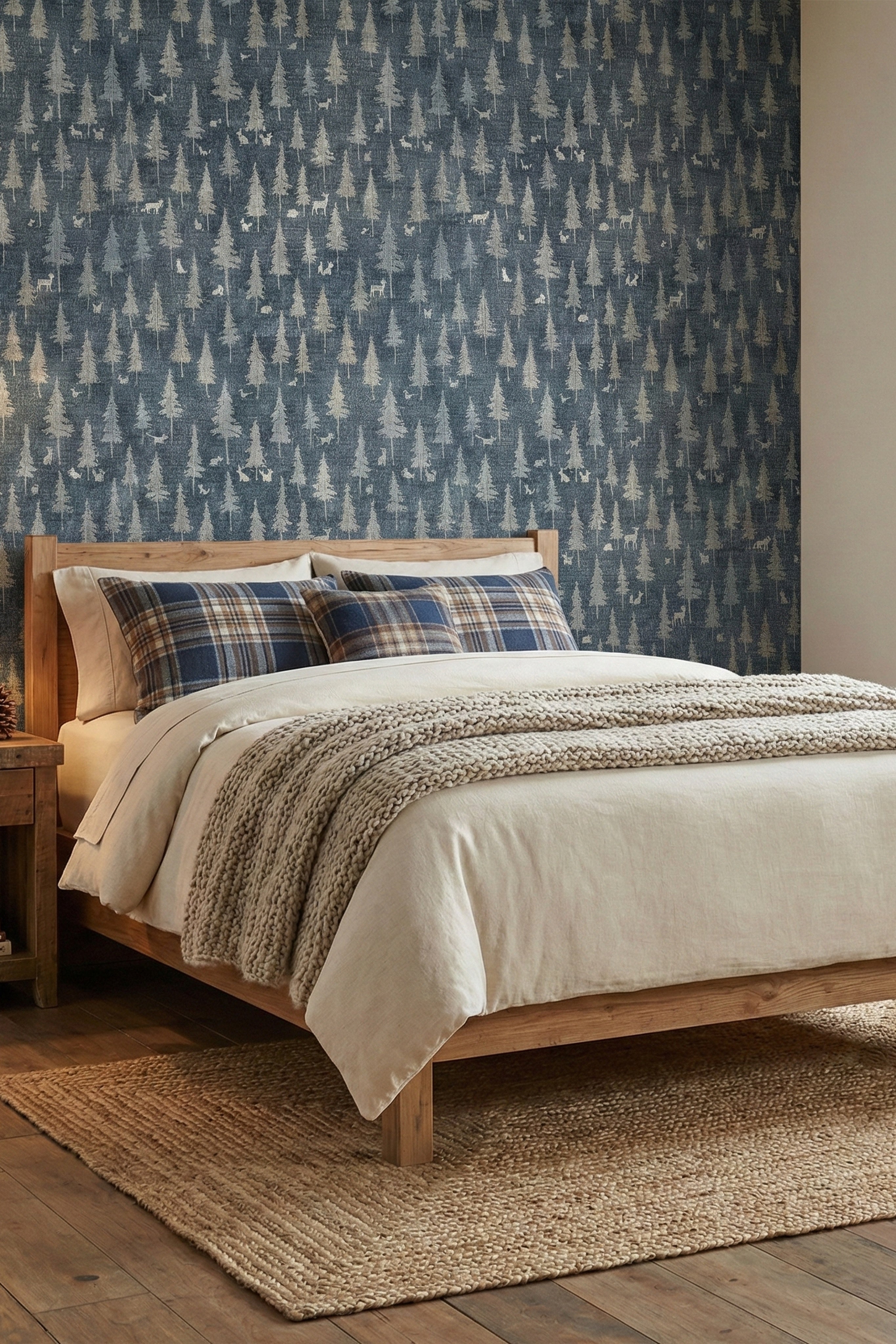 Deer and foxes on dusky blue woodland wallpaper in a bedroom.