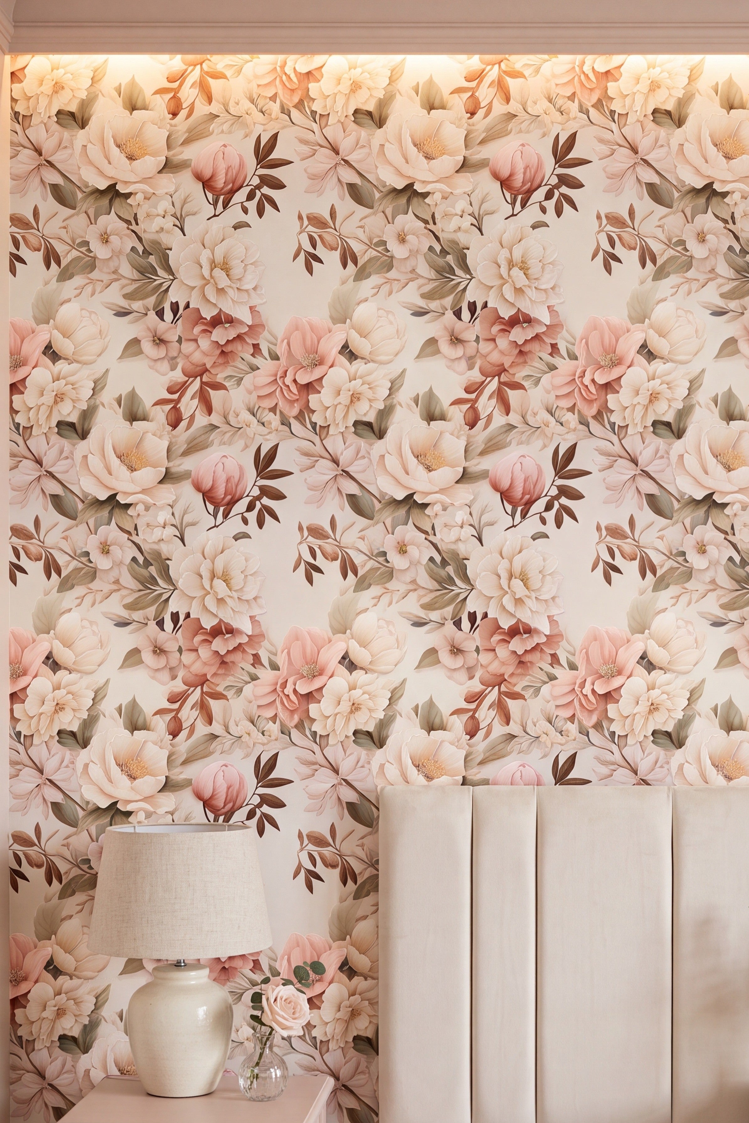Retro botanicals in warm pink and cream on a wallpaper in a bedroom.