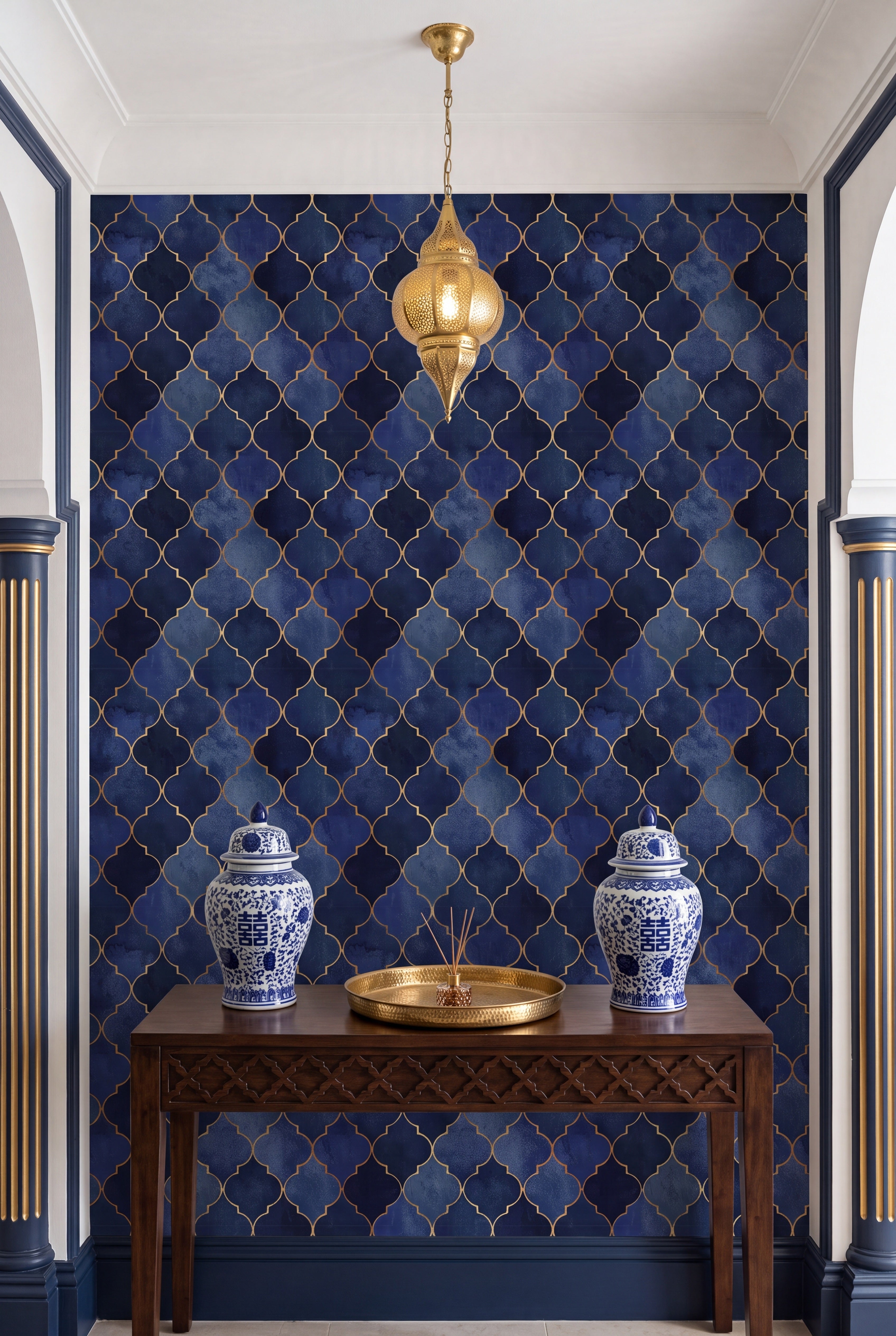 Slim gold trellis on deep navy wallpaper in an entryway.