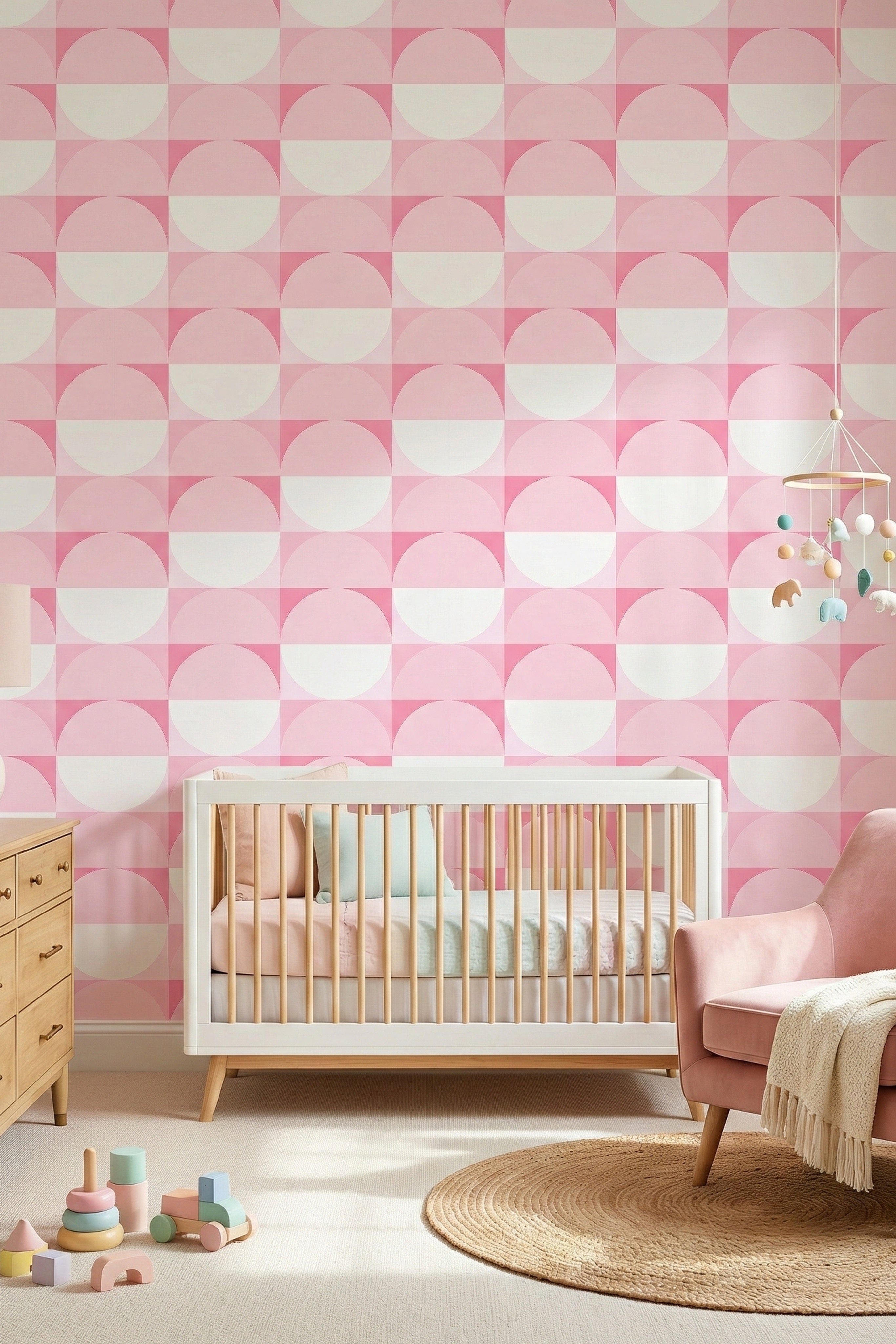 Soft pink half-circle arches in a retro geometric wallpaper in a nursery.