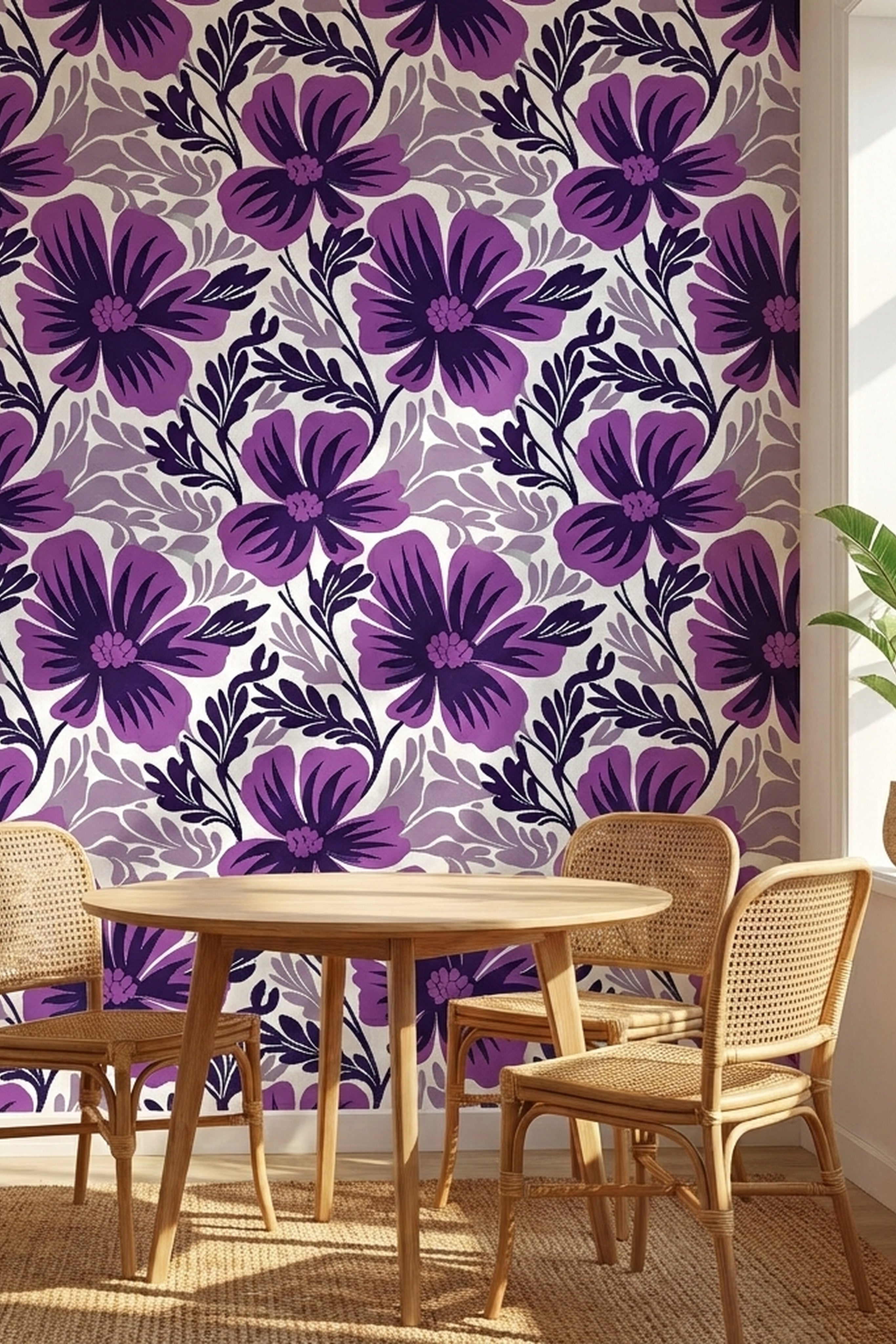 Bold purple tropical blooms with inky leaves on wallpaper in a dining room.
