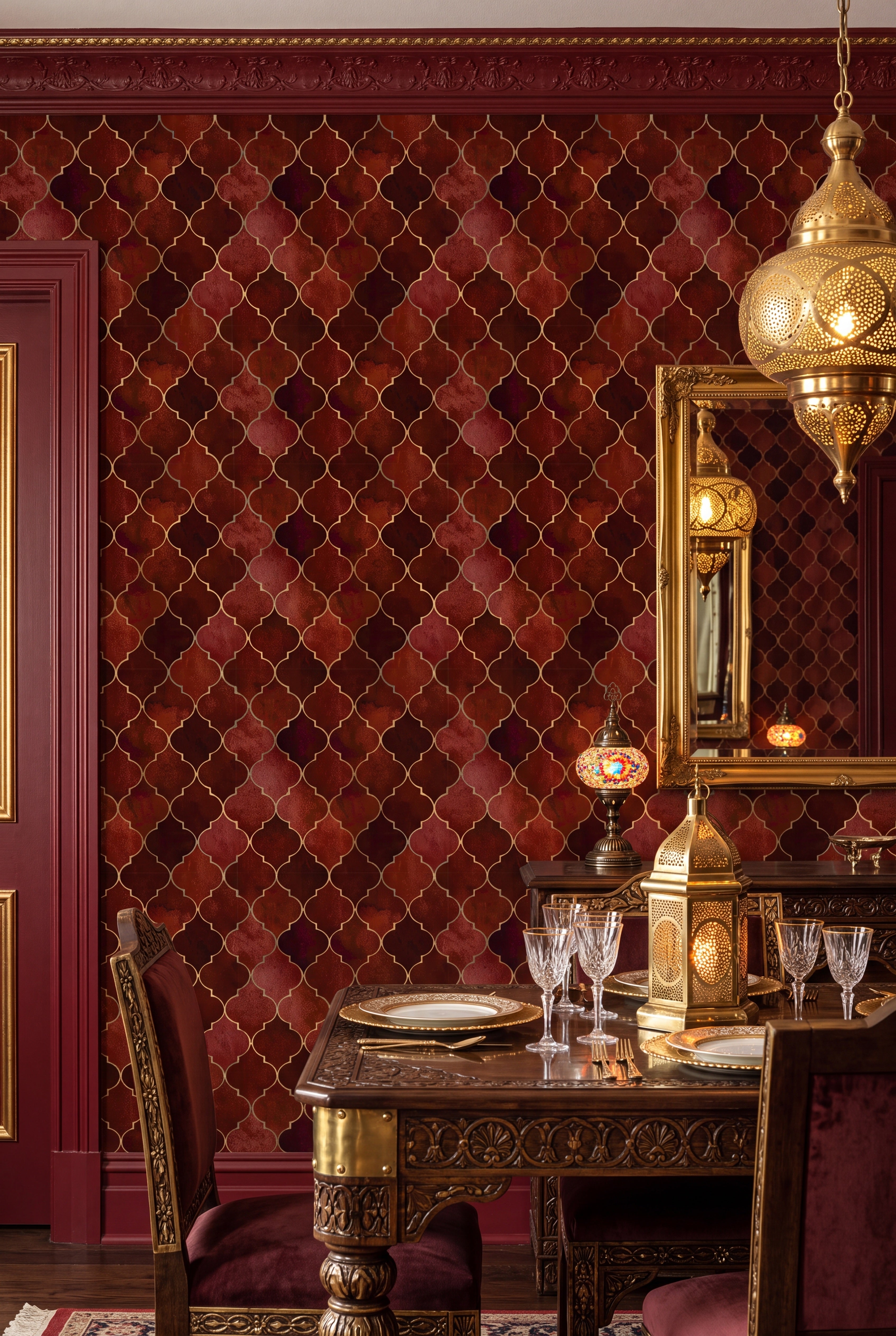 Gold Moroccan tile trellis on deep crimson wallpaper in a dining room.