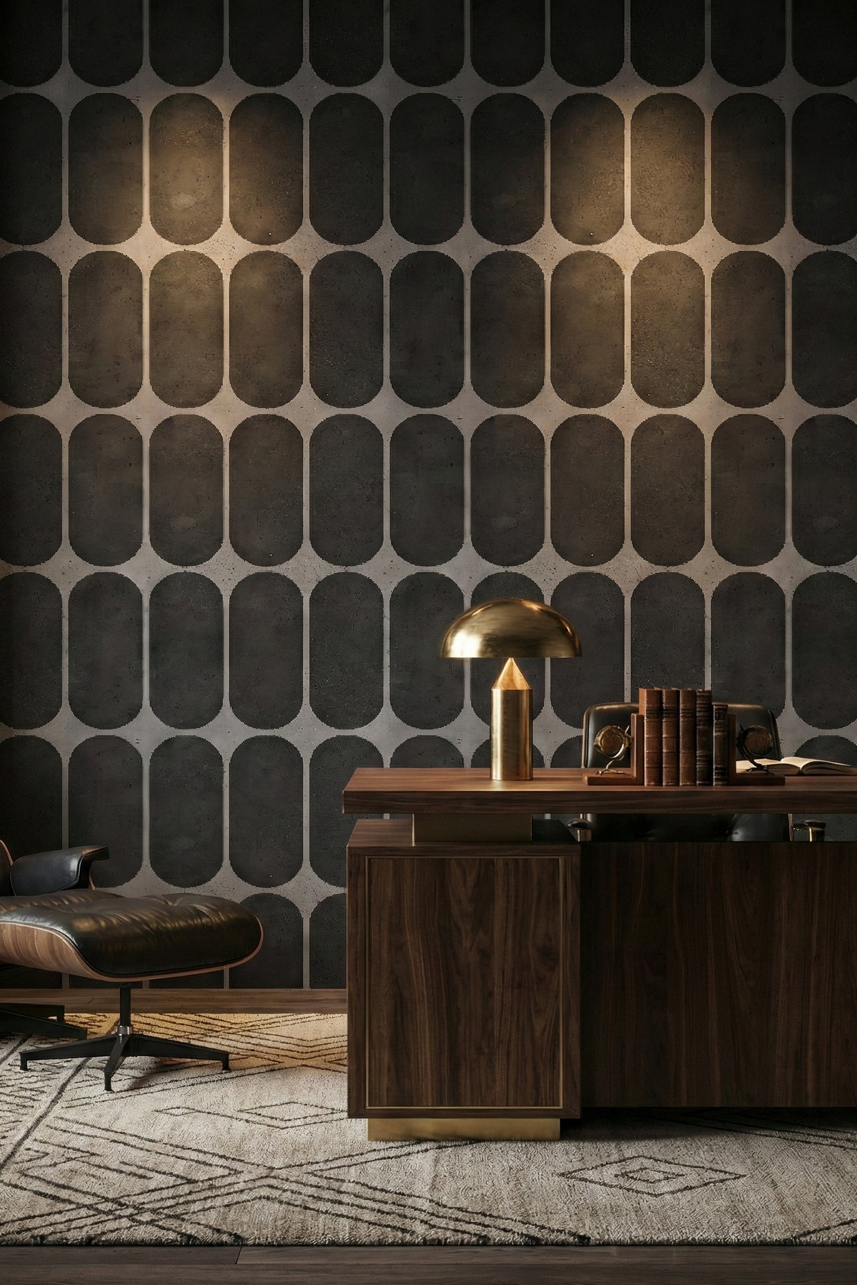 Black arches on a concrete-gray textured wallpaper in a home office.