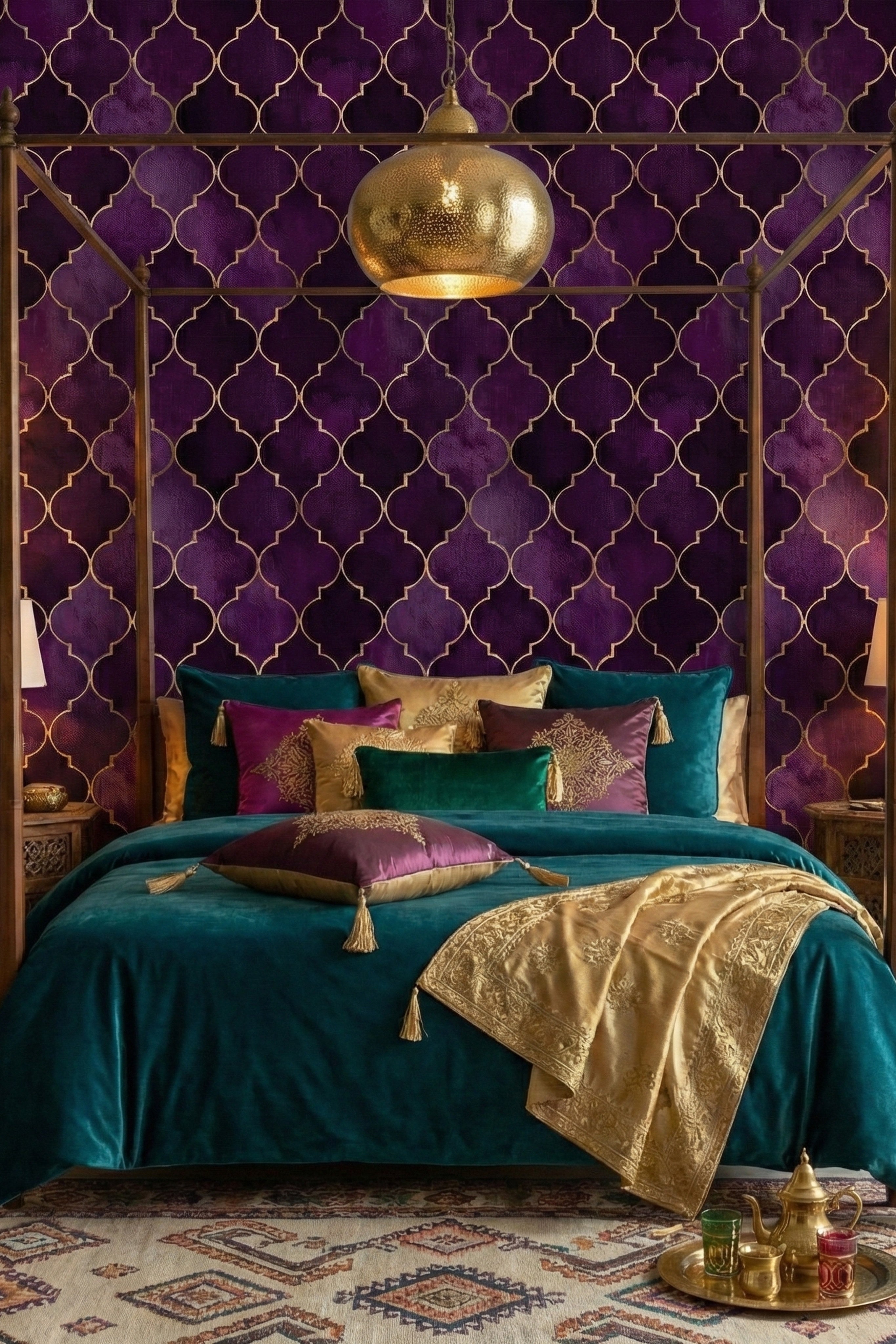 Gold Moroccan trellis lines on a deep amethyst purple wallpaper in a bedroom.