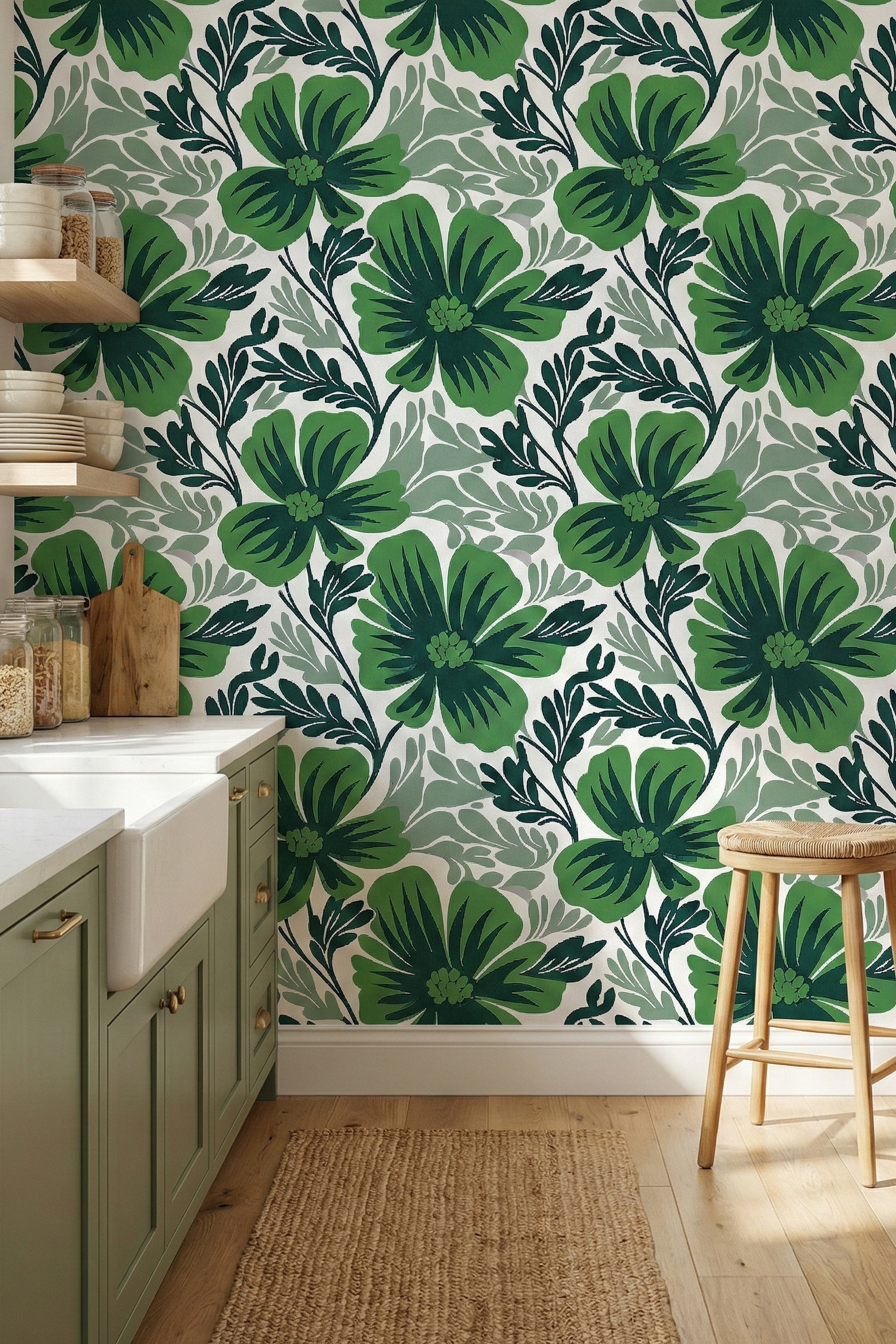 Saturated green tropical blooms and fronds on jungle wallpaper in a kitchen.
