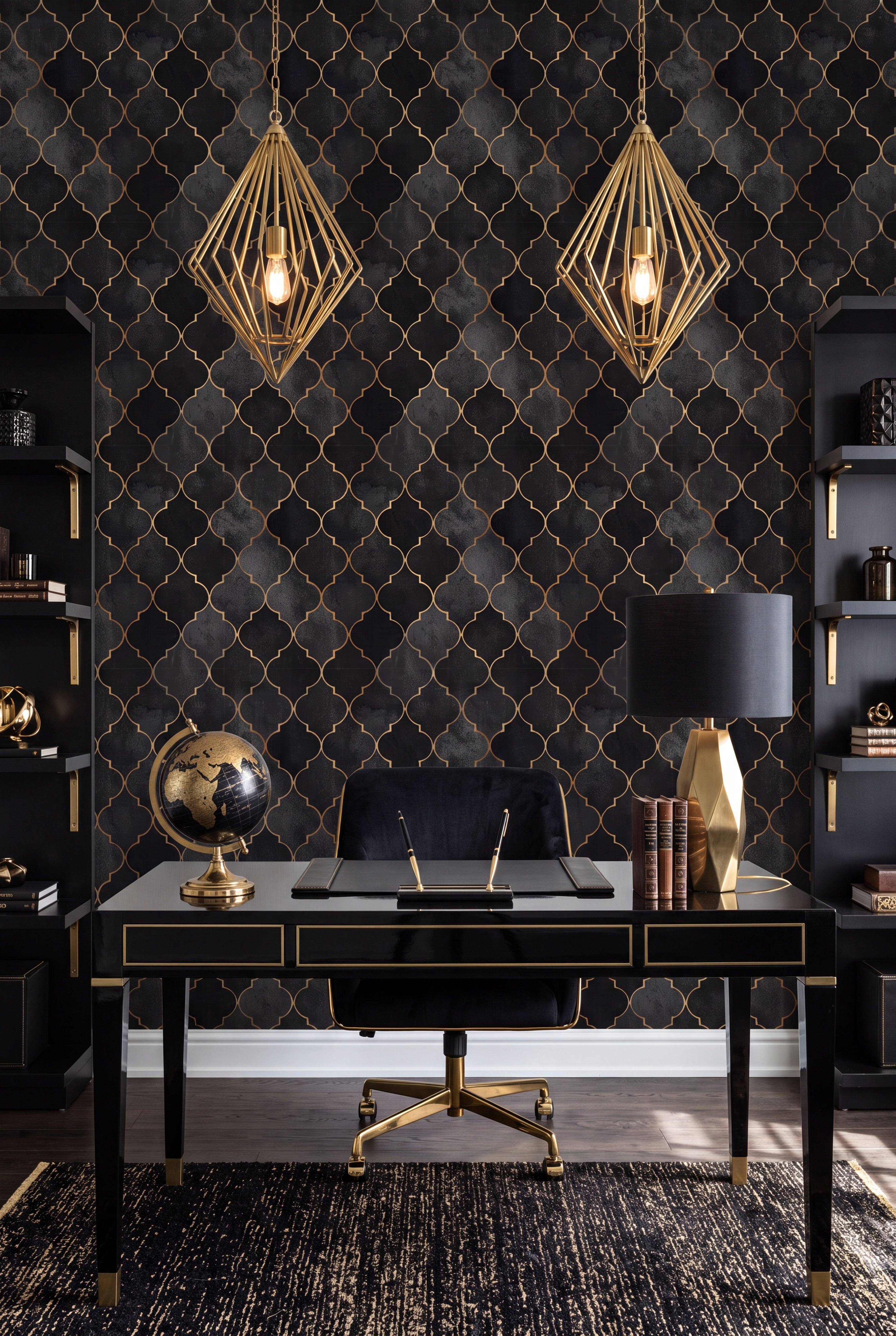 A gold Art Deco trellis on a deep black wallpaper in a home office.