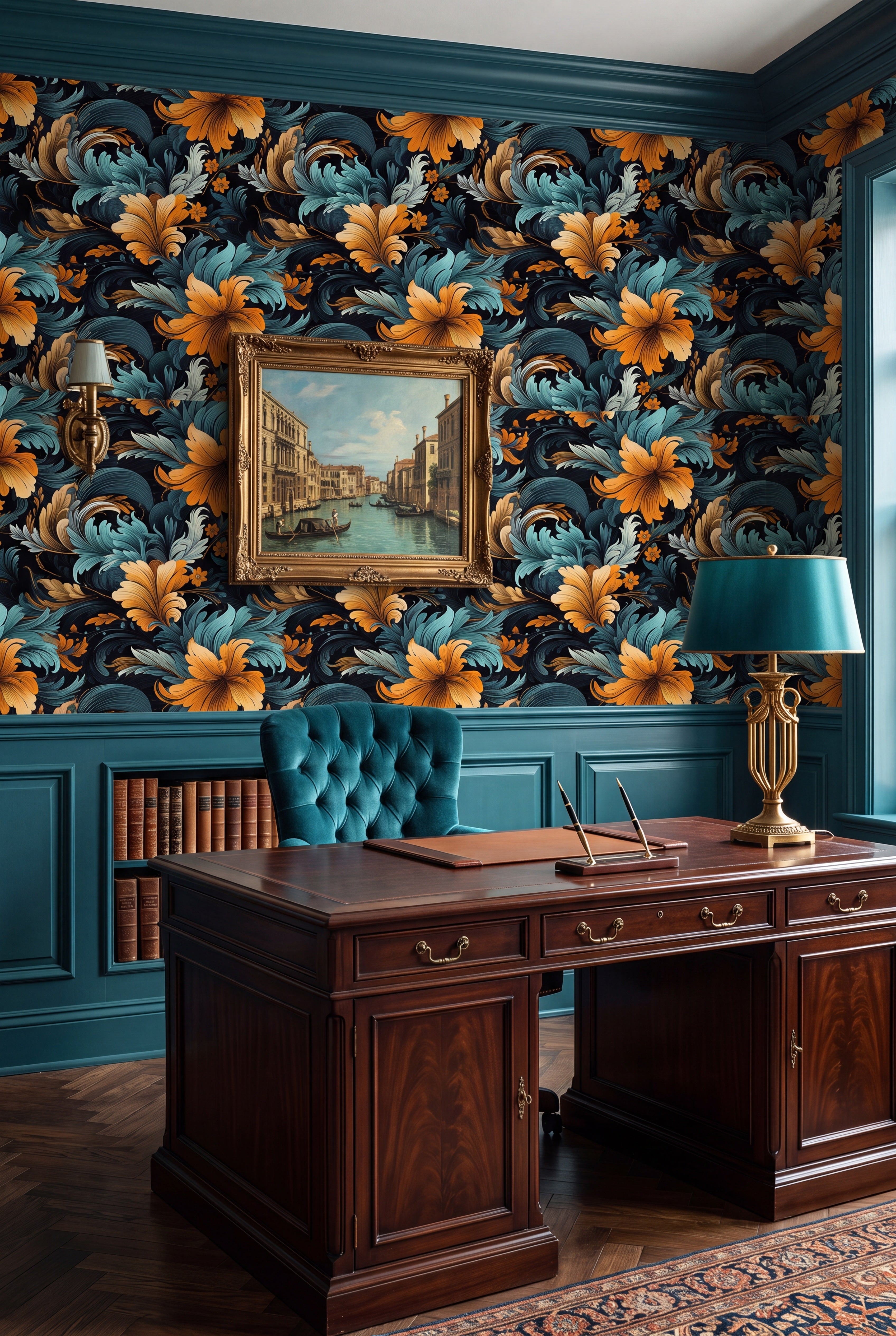 Teal and gold baroque acanthus scrolls on black wallpaper in a home office.
