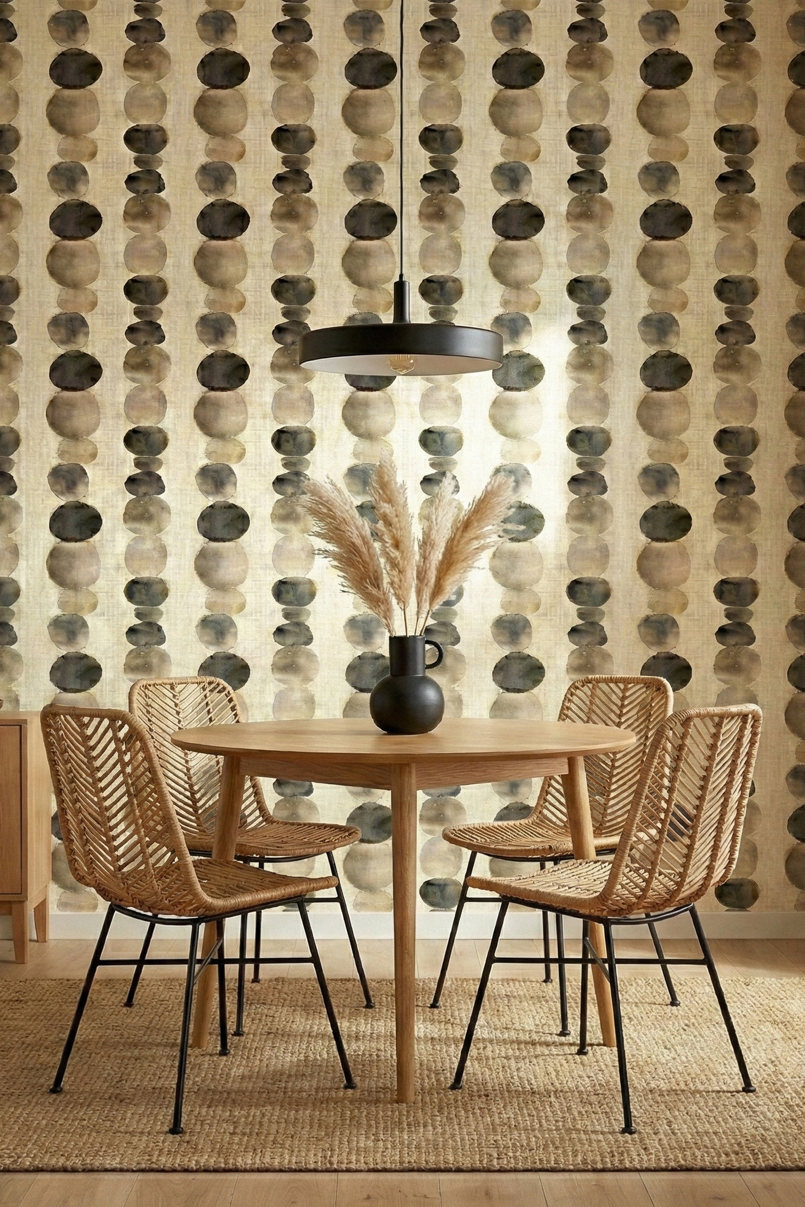 Taupe and charcoal watercolor pebbles on beige wallpaper in a dining room.