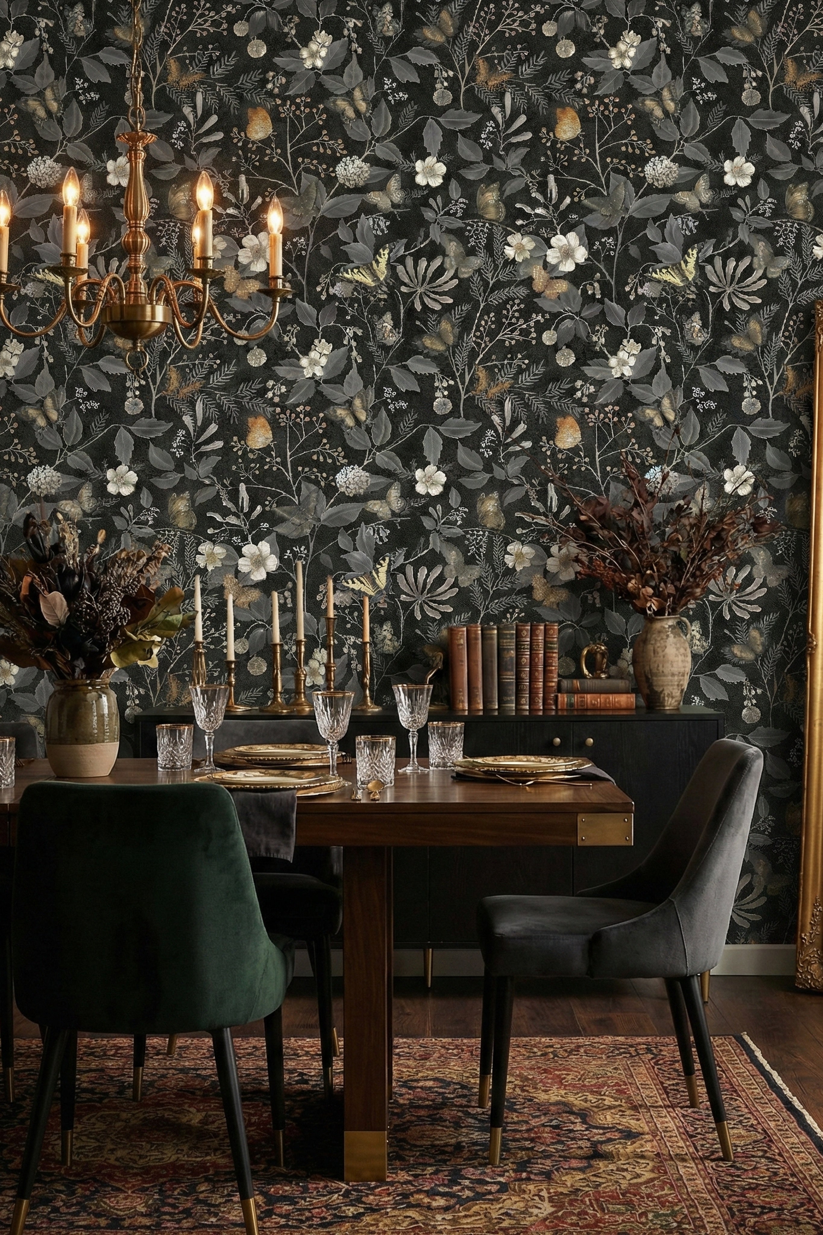 Charcoal florals with golden butterflies on moody wallpaper in a dining room.