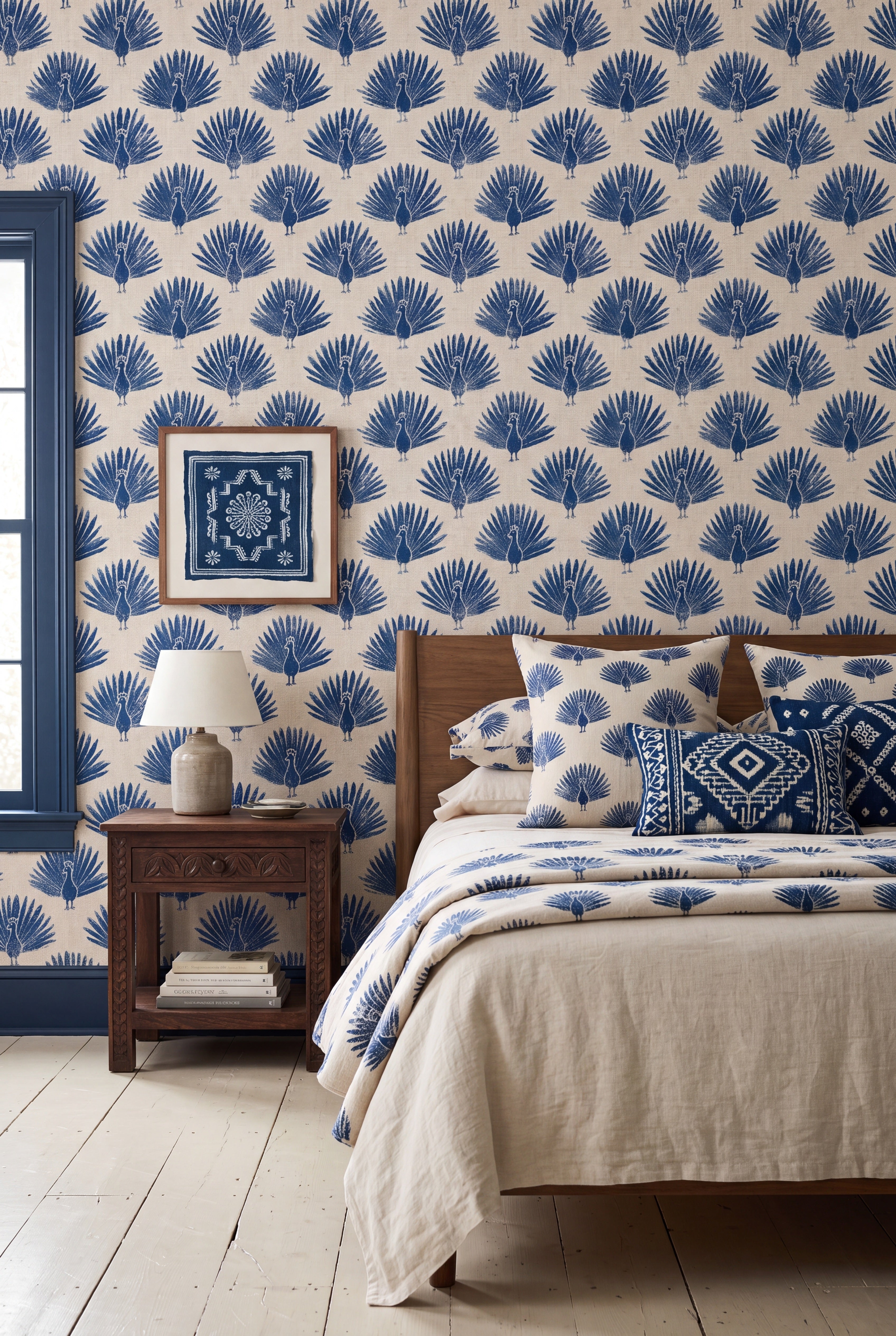 Blue block-print peacocks on warm linen-toned wallpaper in a bedroom.