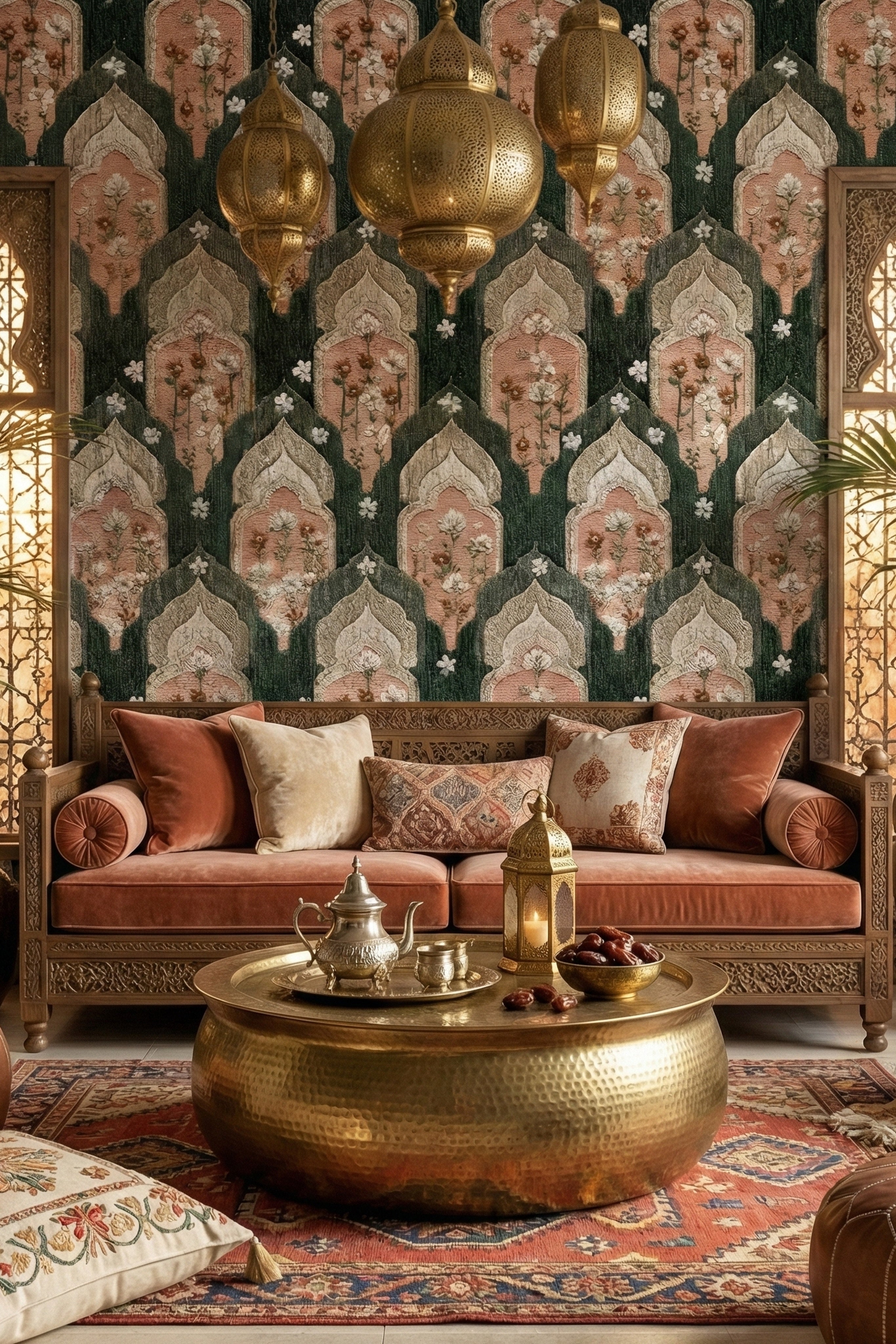 Blush Moroccan arches and wildflowers on deep green wallpaper in a living room.