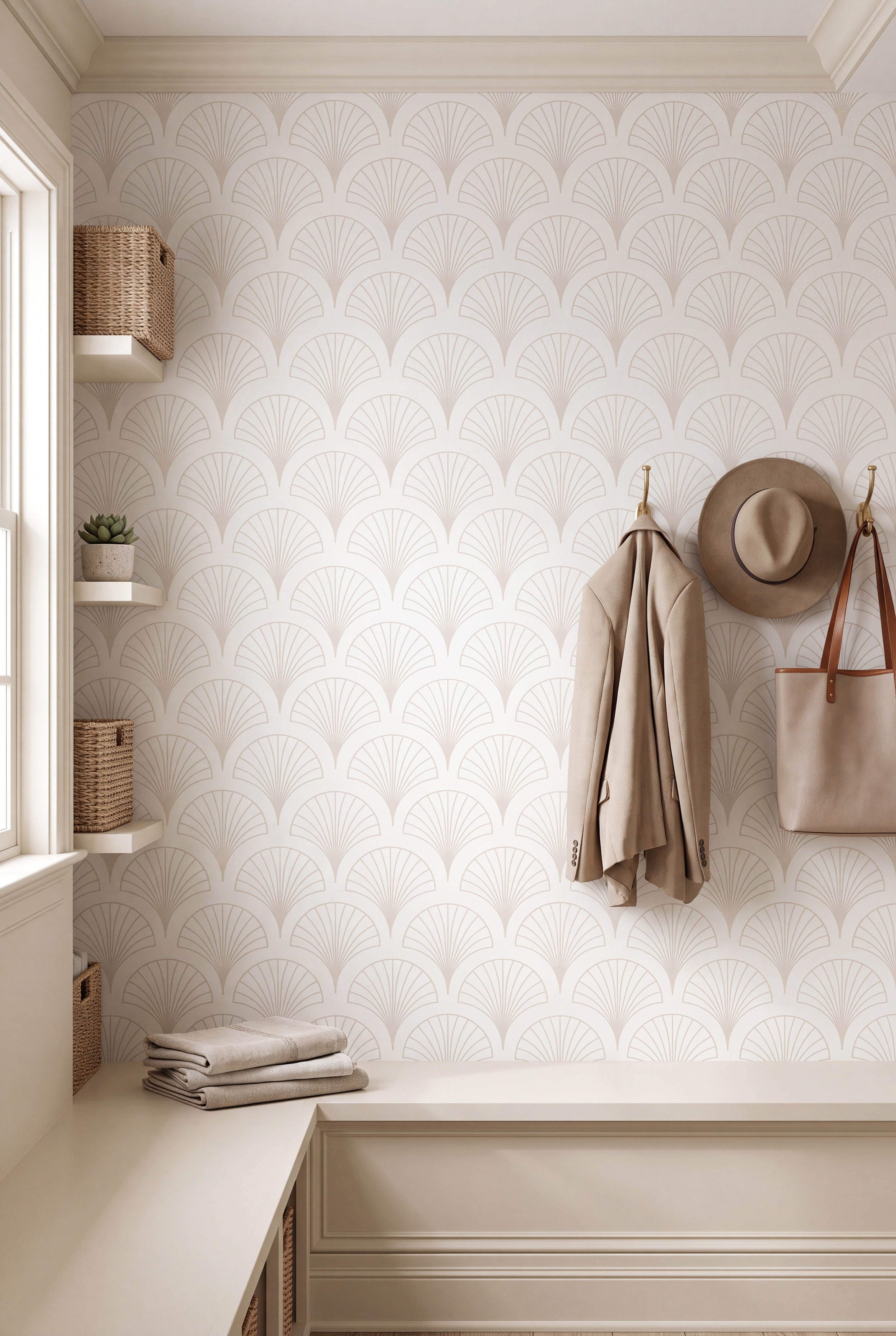 Overlapping cream Art Deco fans in a tonal wallpaper in a mudroom.